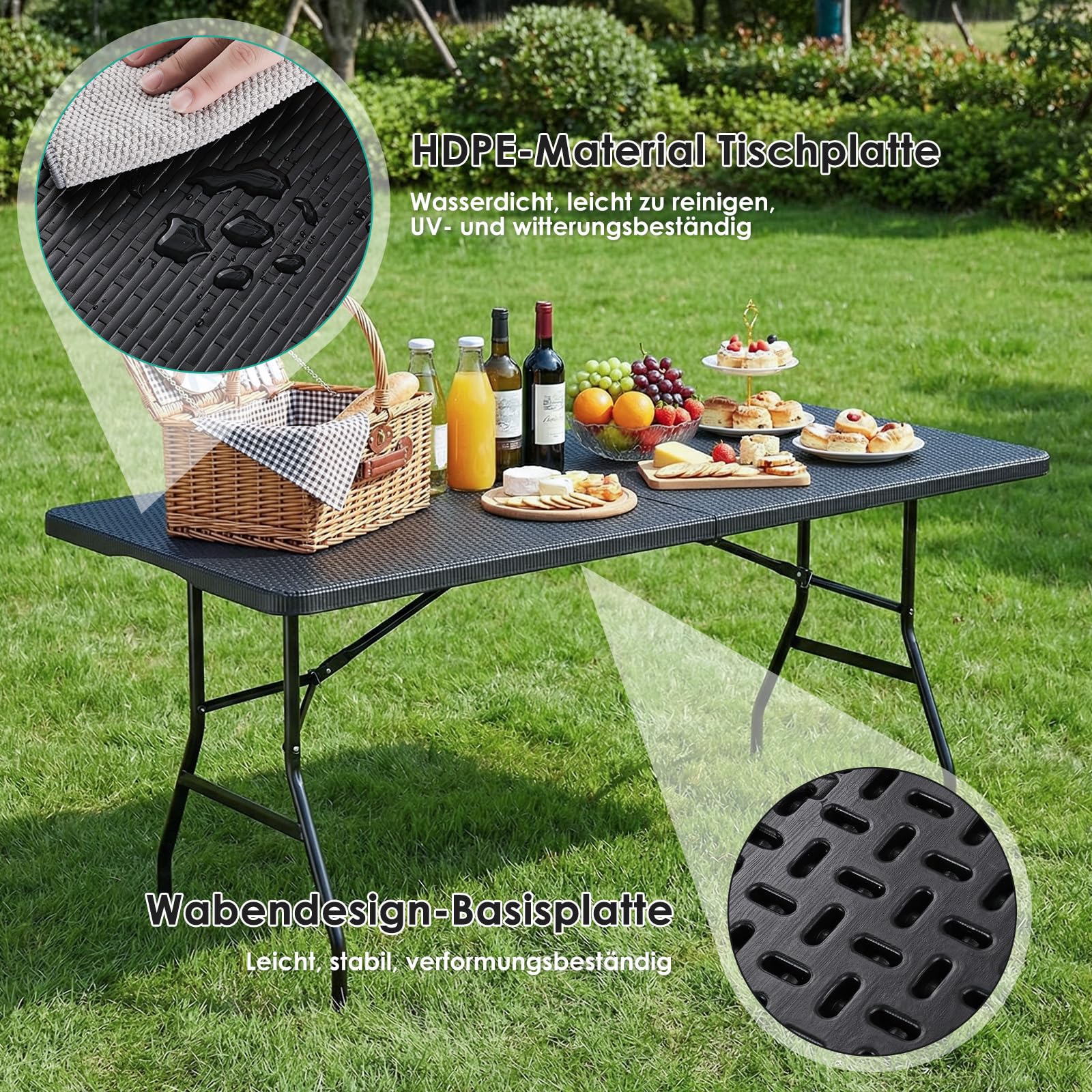 LIFERUN Tavolo da Giardino Pieghevole 180x75 cm,Tavolo da Buffet con Impugnatura di Trasporto,Tavolo Pieghevole in HDPE Plastica per 10 Persone,Ottica in Rattan,Tavolo da Campeggio Tavolo Feste