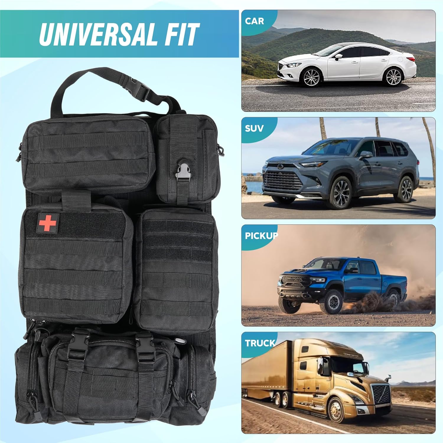 STUFFSTASH Tactical Seat Back Organizer Vehicle Molle Panel Organizer Storage Bags with 5 Detachable Molle Pouches, Extra Long Straps, Universal Car Seat Organizers for Accessories, Fits All Vehicles