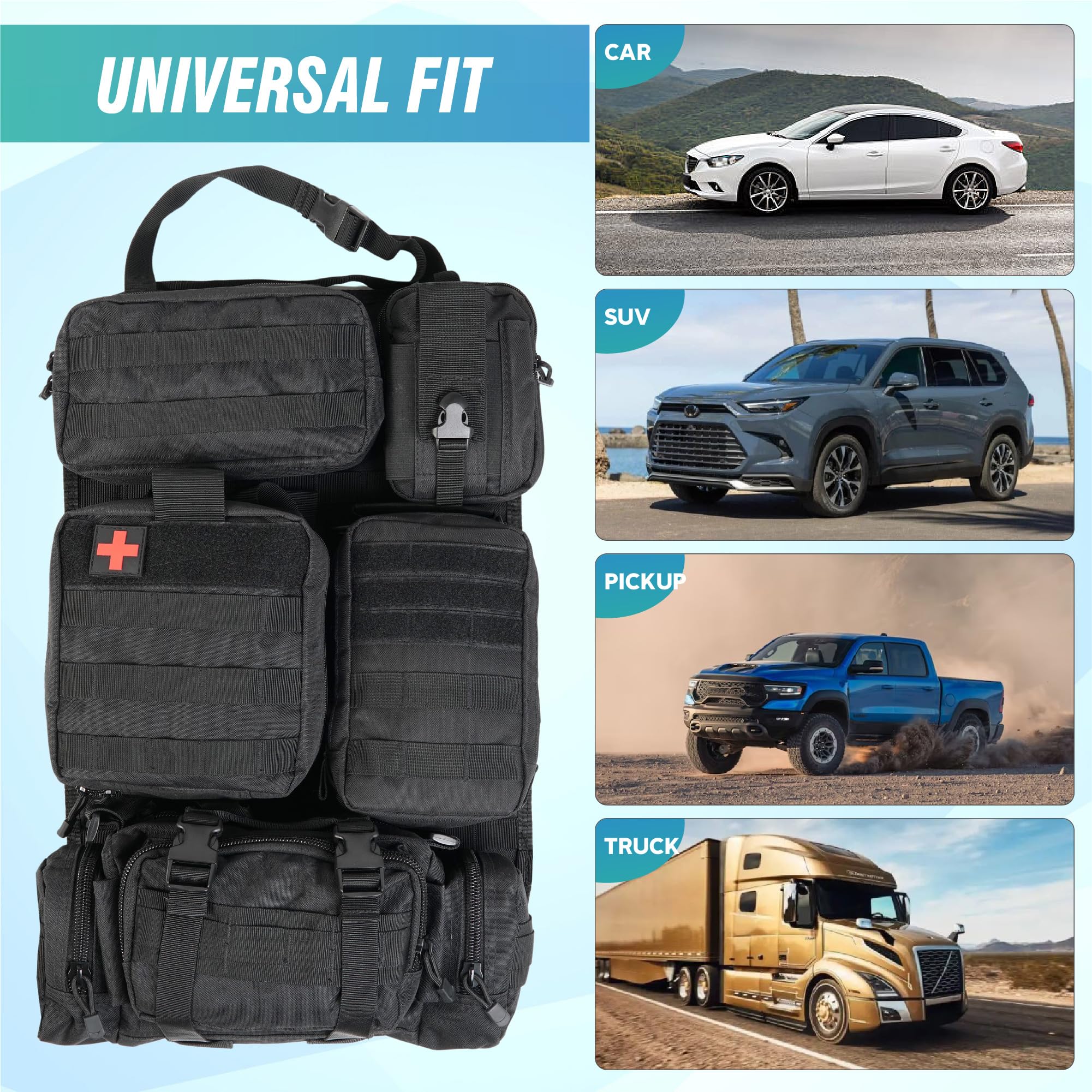 STUFFSTASH Taktischer Rückenlehnen-Organizer, Fahrzeug-Molle-Panel-Organizer, Aufbewahrungstaschen mit 5 abnehmbaren MOLLE-Taschen, extra lange Gurte, universelle Autositz-Organizer für Zubehör