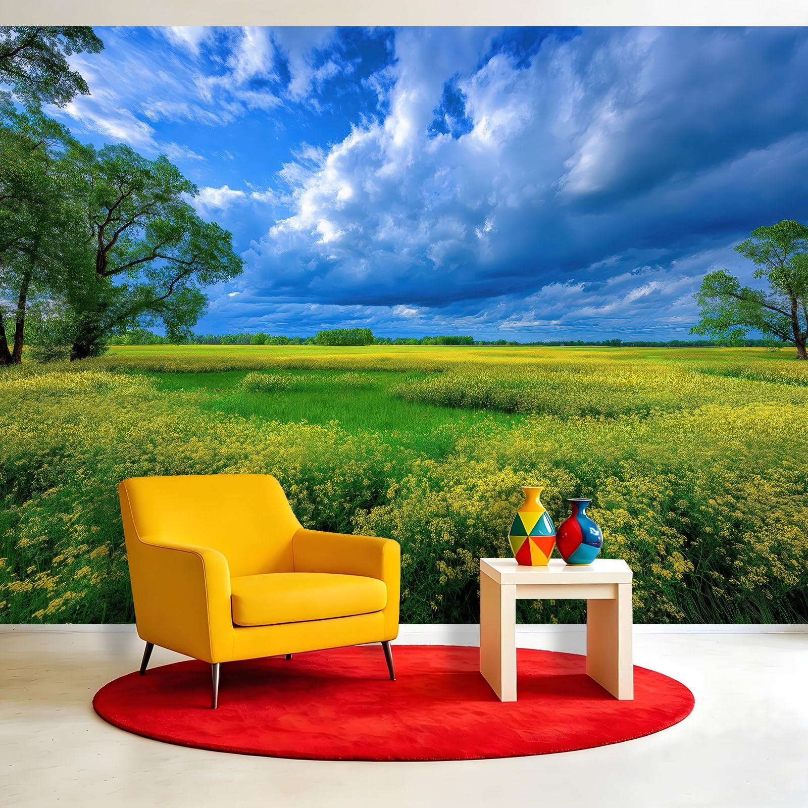 Carta da parati in tessuto non tessuto, 400 x 280 cm, decorazione da parete per sala da pranzo, corridoio, facile da montare, paesaggio, campo di colza, cielo, fiori
