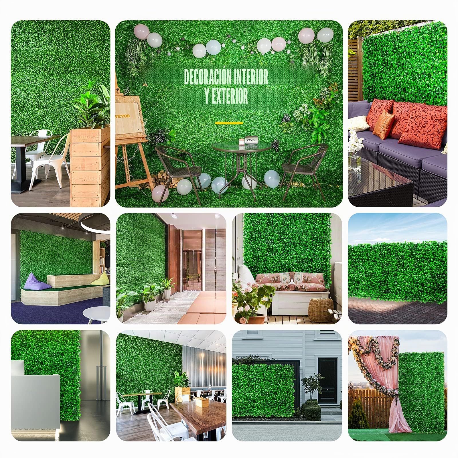 VEVOR Hierba Artificial Verde de 48 Piezas 25,4 X 25,4 cm, Panel de Boj de Hiedra Artificial de Alta Densidad contra UV y 100% PE, Plantas Artificiales Decorativas para Pared, Jardines, Patio Trasero