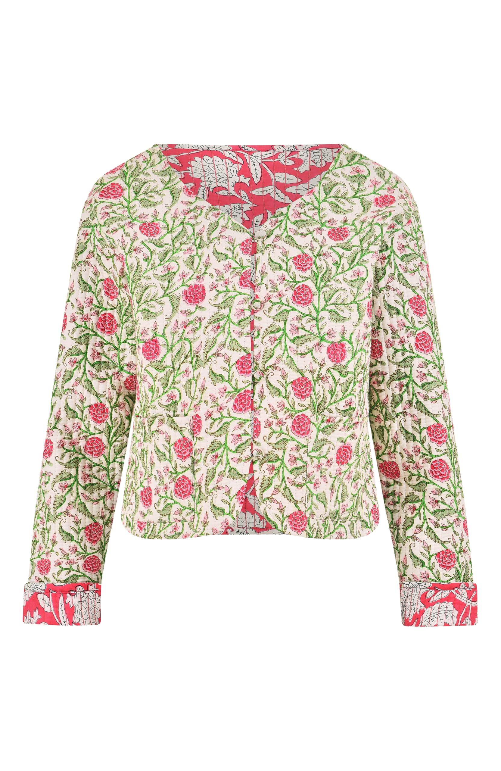 Yumi Women's Pink Floral Reversible Cotton Quilted Jacket (Uk, Numeric, 10, Regular, Regular, )