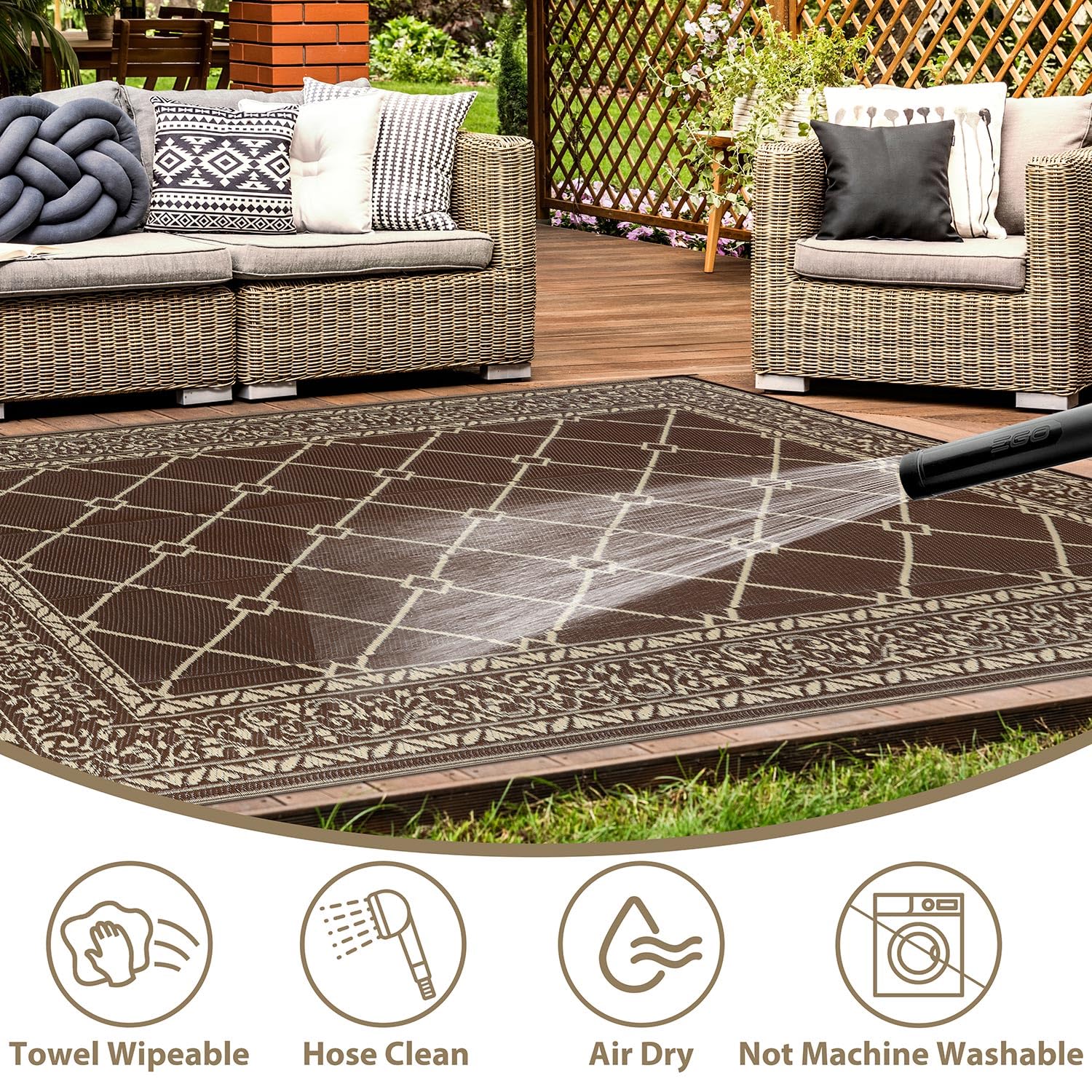 SHACOS Outdoor Rug for Patios Waterproof 240x300 cm Reversible Garden Rug Patio Rugs UV Resistant Foldable Outdoor Carpet Mat Plastic Straw Rugs for Balcony Decking Camping Beach, Grey — view 44