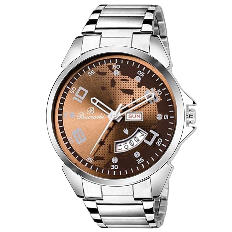 Buccachi Analog Black Dial Day & Date Silver Colour Strap Wrist Watch for Men's (B-G5039-BK-CH)