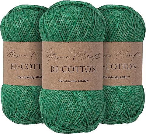 Utopia Crafts Re-Cotton - Ovillo de lana para tejer (3 unidades, 100 g), color verde