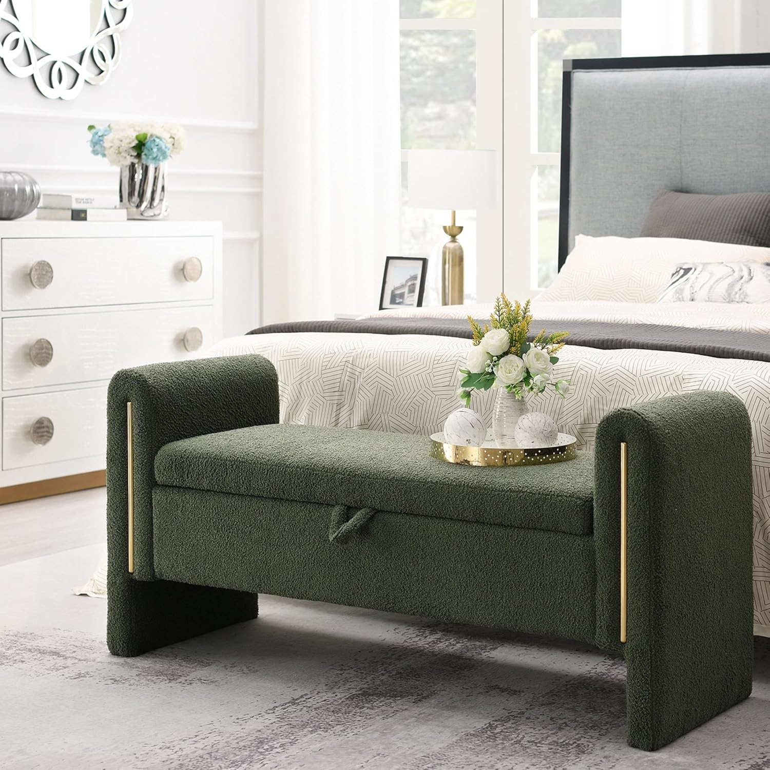 Christopher Knight Home Upholstered Storage Ottoman, Teddy Fabric Bench with Solid Wood Legs, Comfortable Foot Rest Stool, Storage Bench for Bedroom End of Bed, Living Room, Dining Room, Khaki