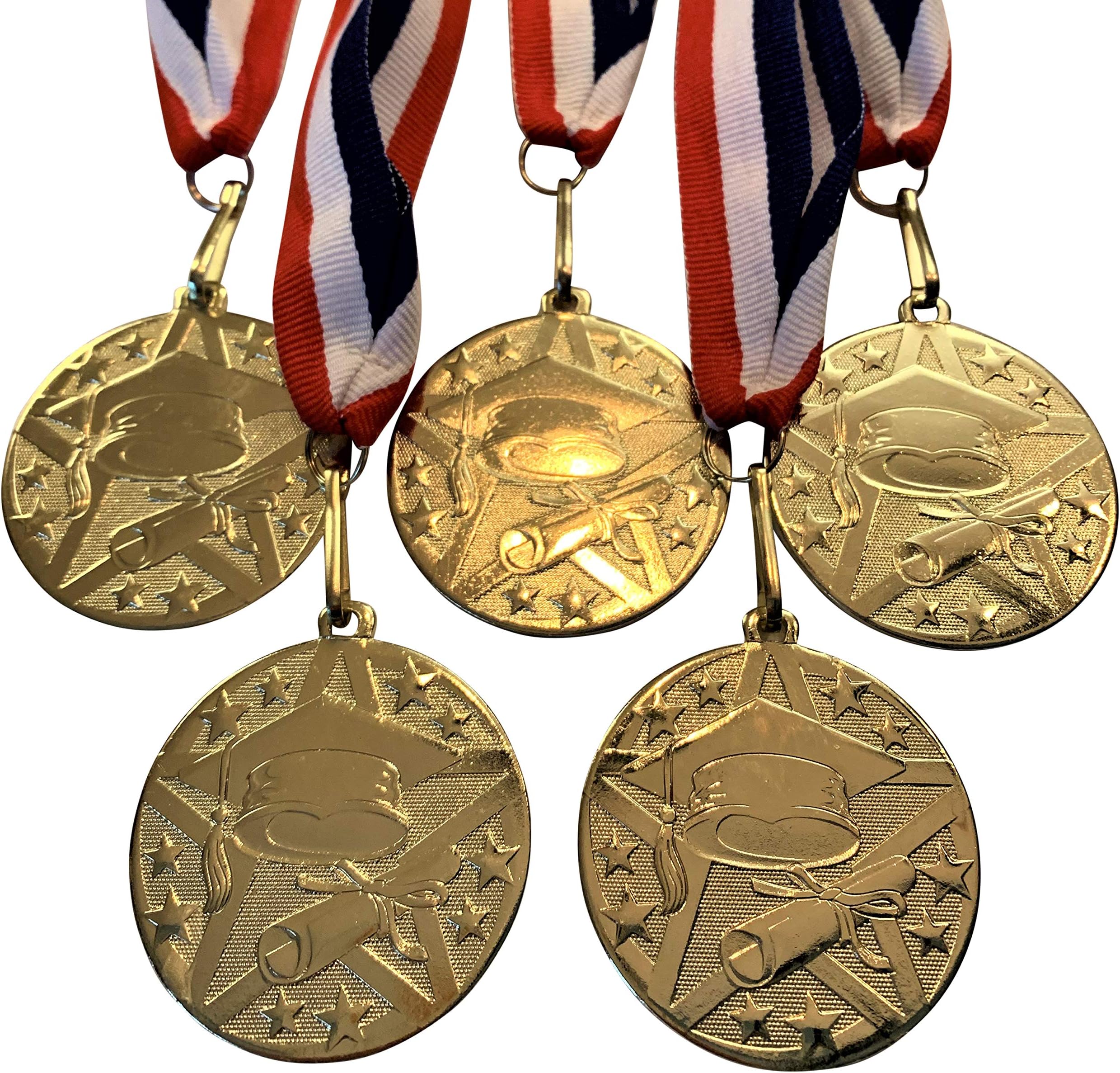 Express Medals 5-Pack 2 inch Diameter Die-Stamped Solid Metal Graduation Medal with a Detailed Bright Gold Color Finish, and a Red White and Blue Neck Ribbon.