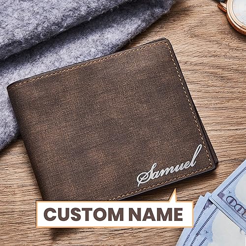 Miniatura 2 de SOUFEEL Billetera personalizada para hombre, con nombre grabado personalizado, de piel, doble pliegue, delgada, regalo personalizado para él, papá,
