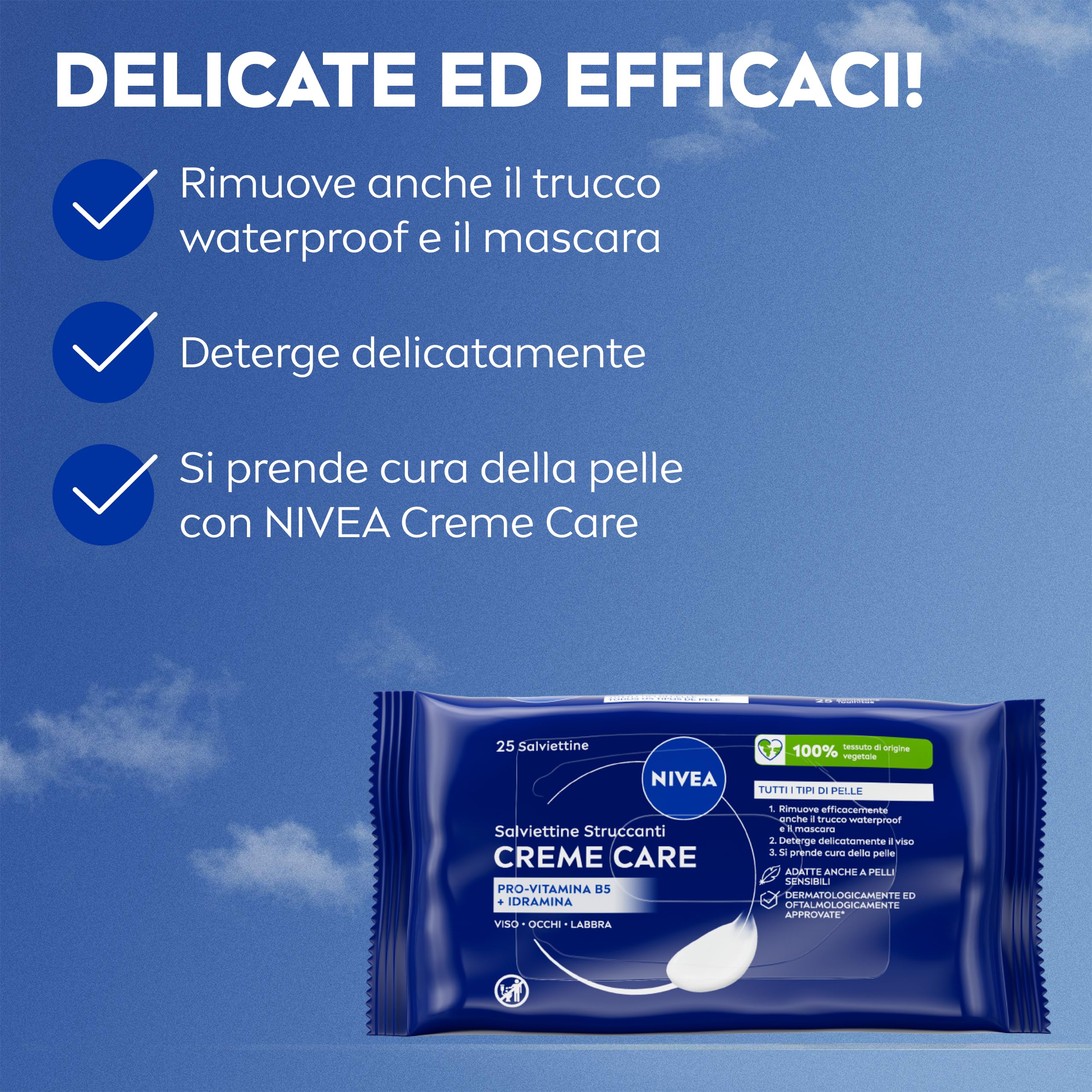 NIVEA Salviettine Struccanti Creme Care 25 Pezzi, Struccante viso e occhi e labbra per trucco waterproof, Con Pro-Vitamina B5 e Idramina, Detergente viso nutriente per tutti i tipi di pelle