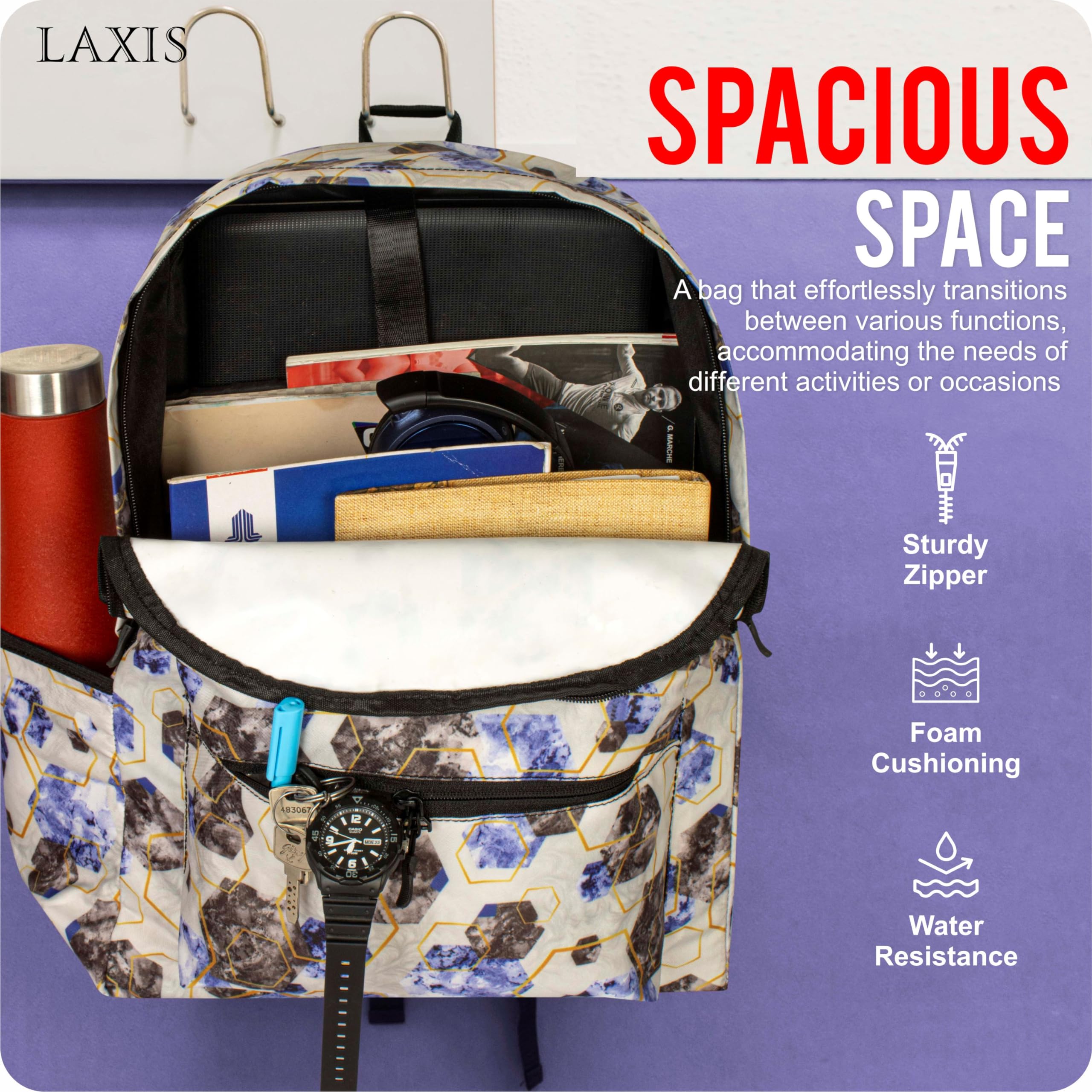 LAXIS HOMFIL Brand School Backpack Compatible For Upto 15" Laptop For Men & Women With Bottle Pocket, Quick Access Pocket, Padded Shoulder Adjustable Straps, Water Resistance (White Hexagon) 1