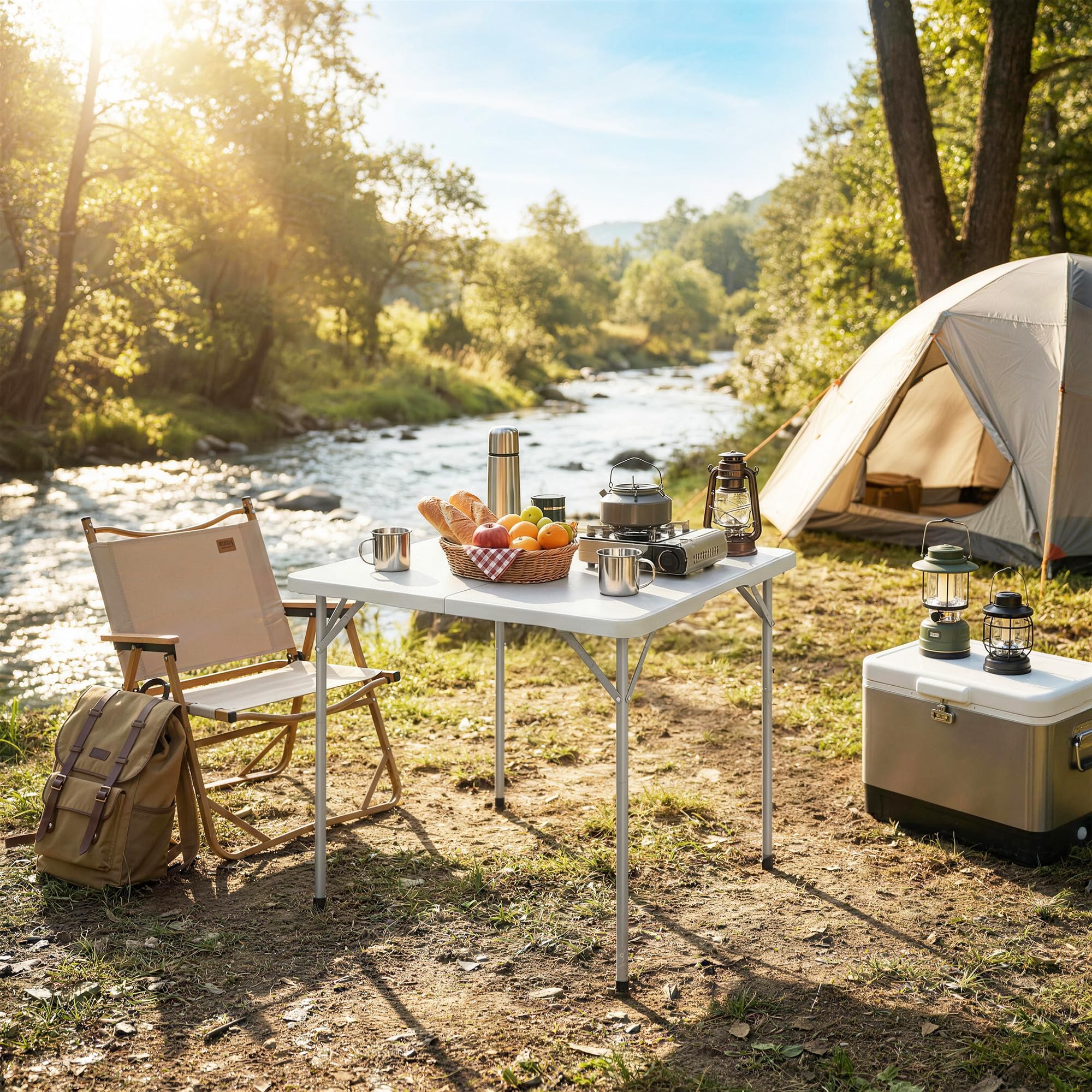 Outsunny Table Pliante en HDPE, Table de Camping Pliante carrée 86 x 86 x 74 cm, avec Une poignée, Hauteur réglable, pour intérieur/extérieur, pour la terrasse, Le Camping, la Plage, Blanc