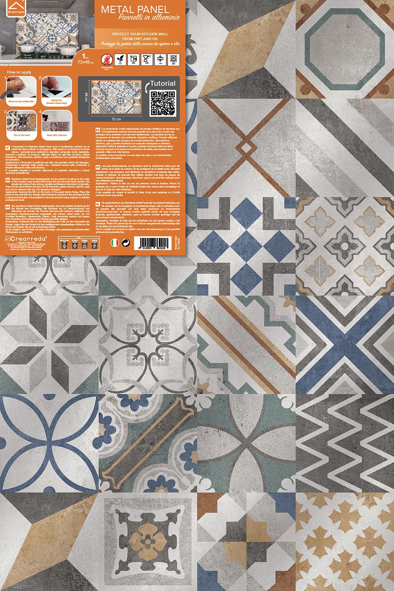 CREARREDA Panel antisalpicaduras de cocina de aluminio Cement Tiles Florence 72 x 48 cm fácil de aplicar Made in Italy Protección para cocinas y fregadero, lavable y fácil de montar
