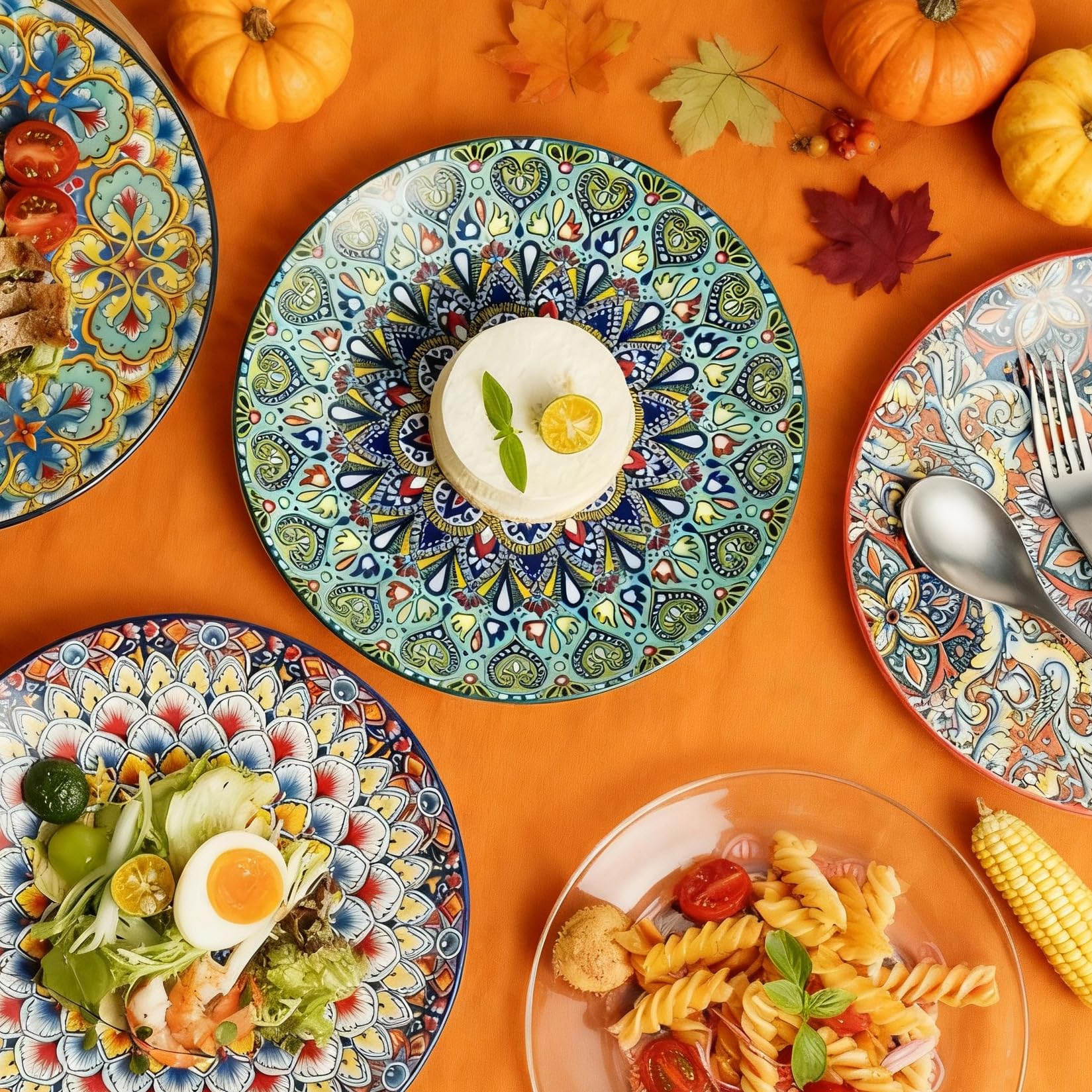 Juego de 6 platos llanos, platos grandes de ensalada de postre de 10.5 pulgadas para pasta, filetes, aperitivos, platos de porcelana colorida para servir cocina y fiesta, vajilla moderna -