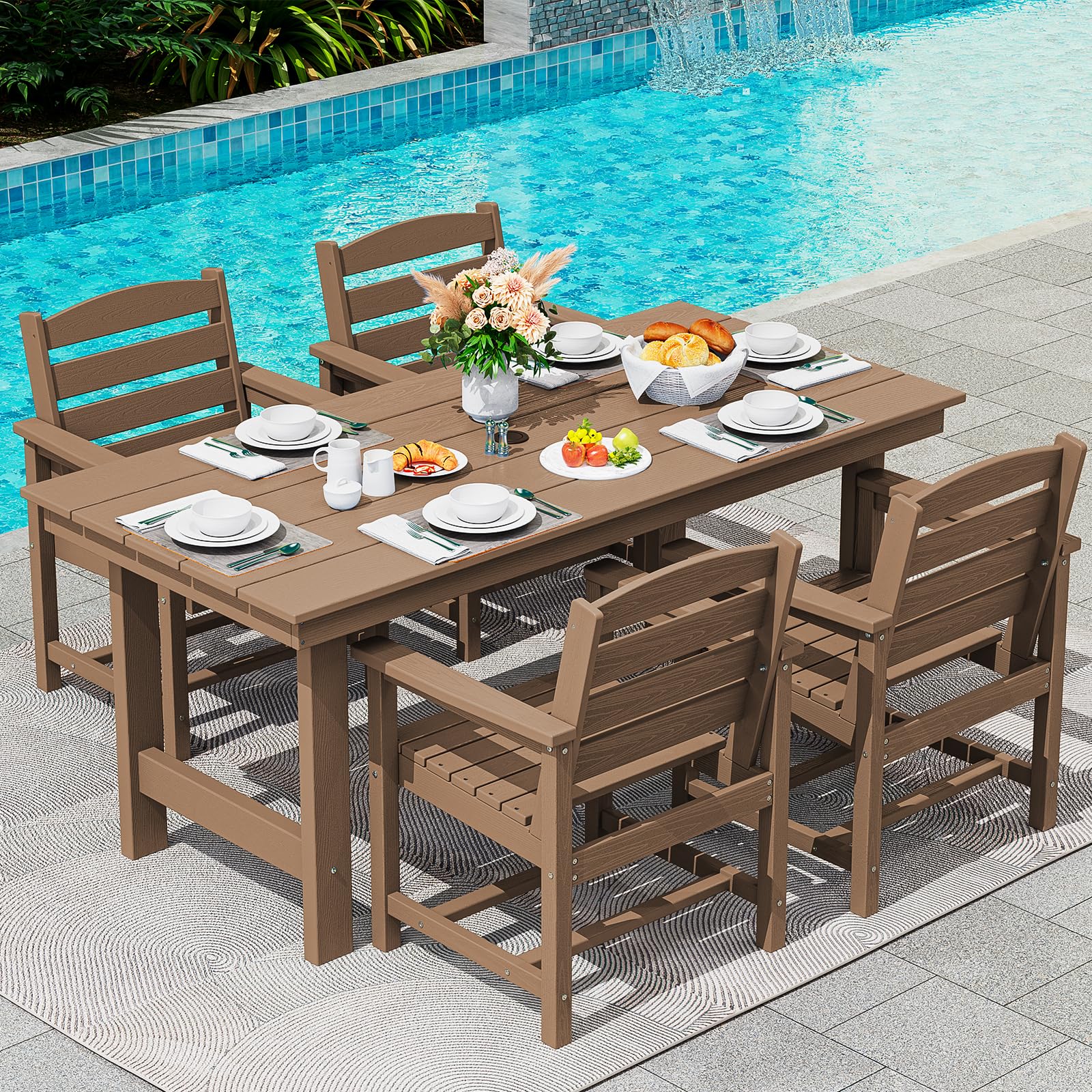 SERWALL Patio Dining Table Sets 5-Piece, Outdoor HDPE Dining Furniture Set with Umbrella Hole Cut-Out Table and 4 Chairs, All Weather Dining Set for Lawn, Garden, Backyard, Poolside, Brown