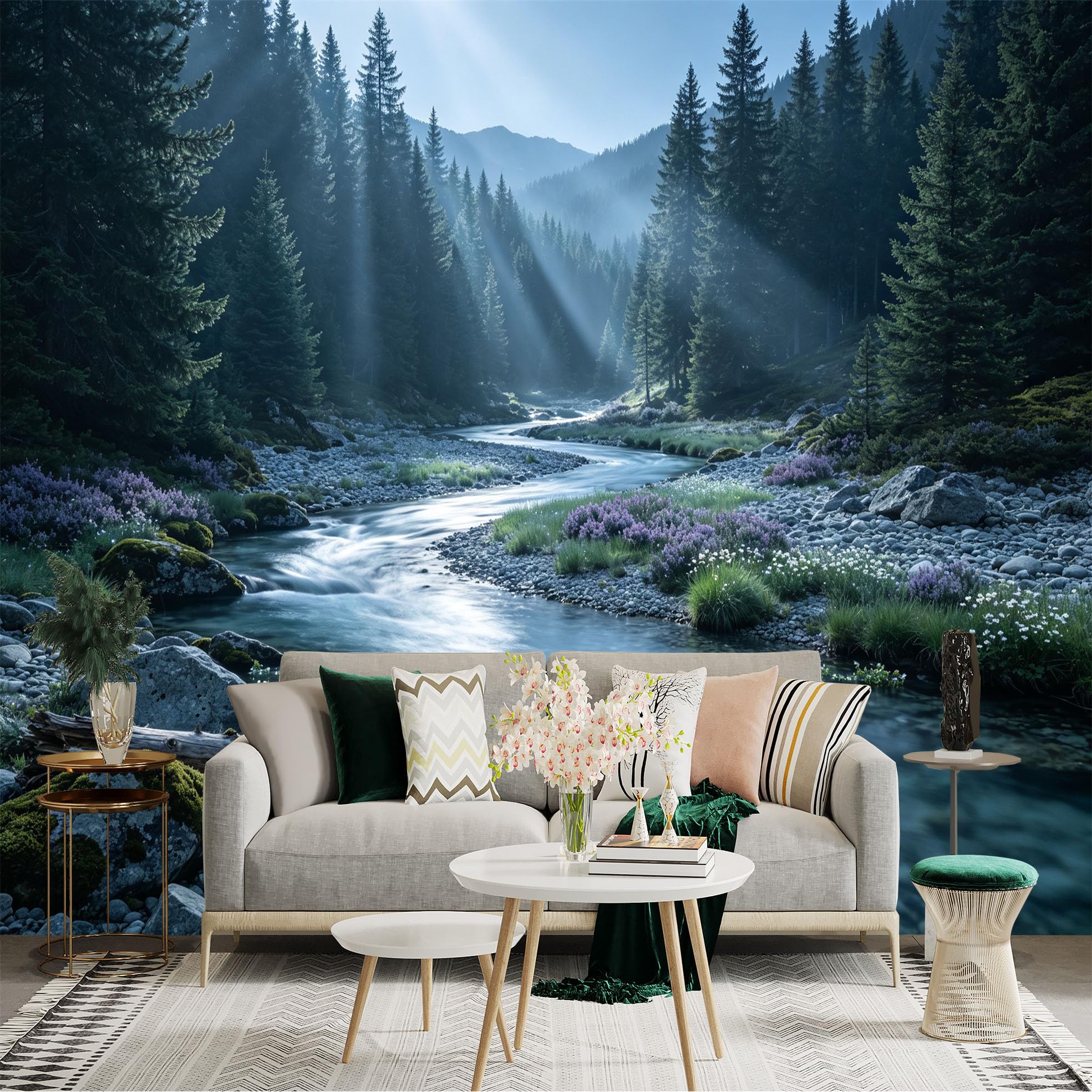 Lnzczhyre Bh260719664 Custom Size Wall Sticker Mural， Misty Morning Forest River， Sunbeams Over Wildflowers， Serene Mountain Stream Landscape， For Wall Decoration， Peelandstick Wall Decals.