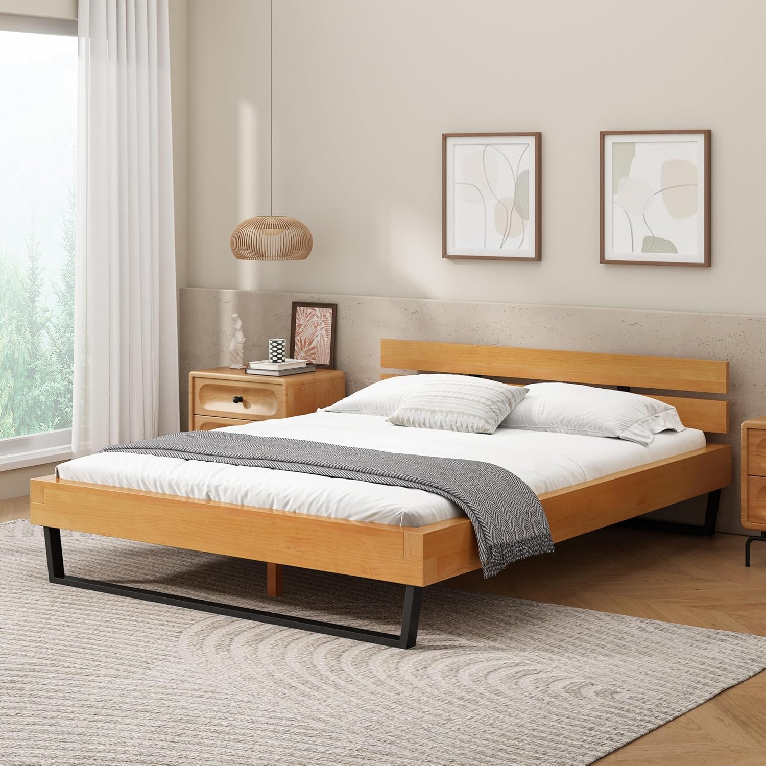 GDFStudio Bed Frame with Low Pine Wood Headboard Wood & Metal Legs Modern Industrial Design Bed Frame Wooden Slats, No Box Spring Needed Platform Bed, Queen Size, Natural