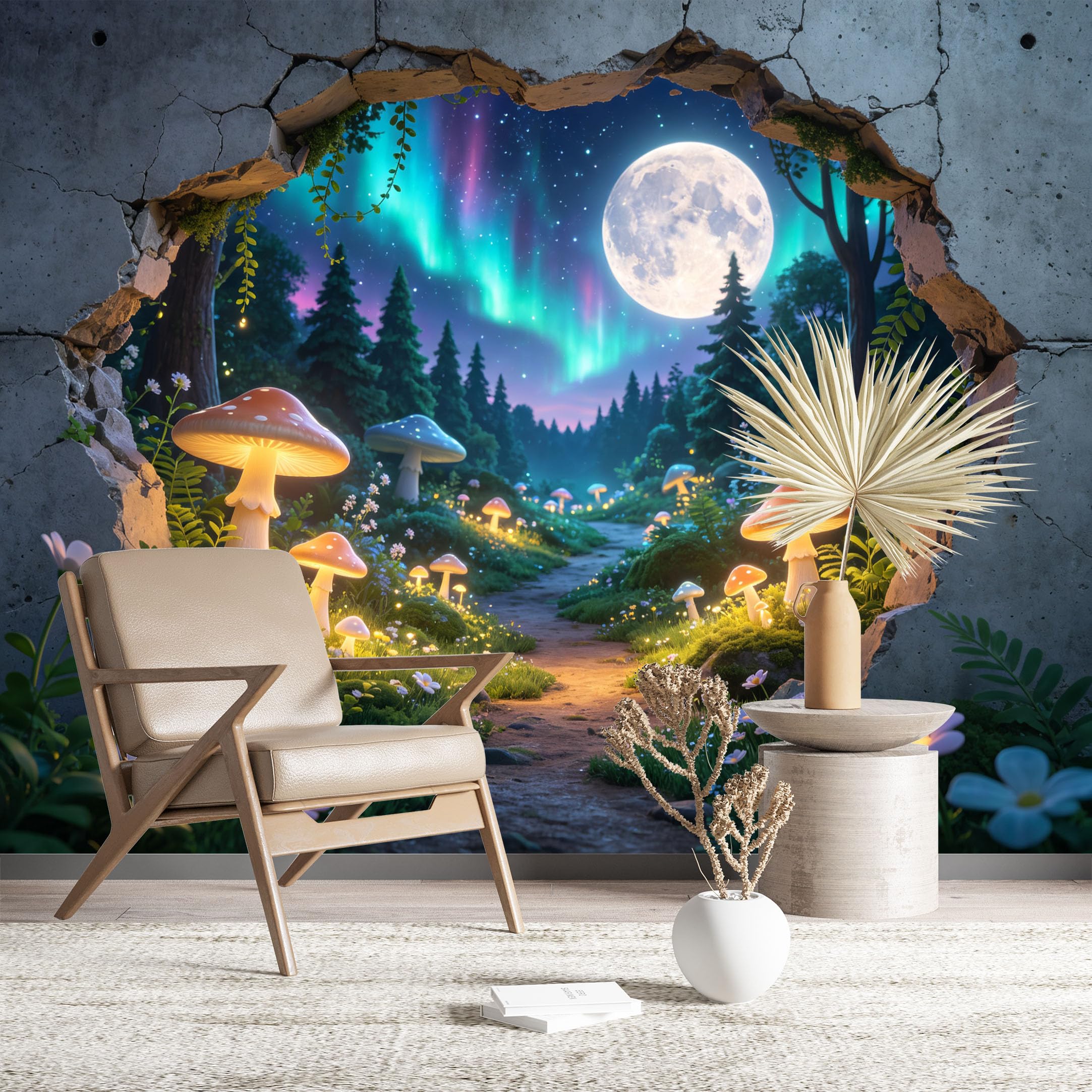 Custom Size Wall Murals Glowing Mushroom Forest Seen Through Cracked Wall Vivid Self-Adhesive Wall Fabric (NO PVC) Removable Wallpaper for Kids Room Bedroom