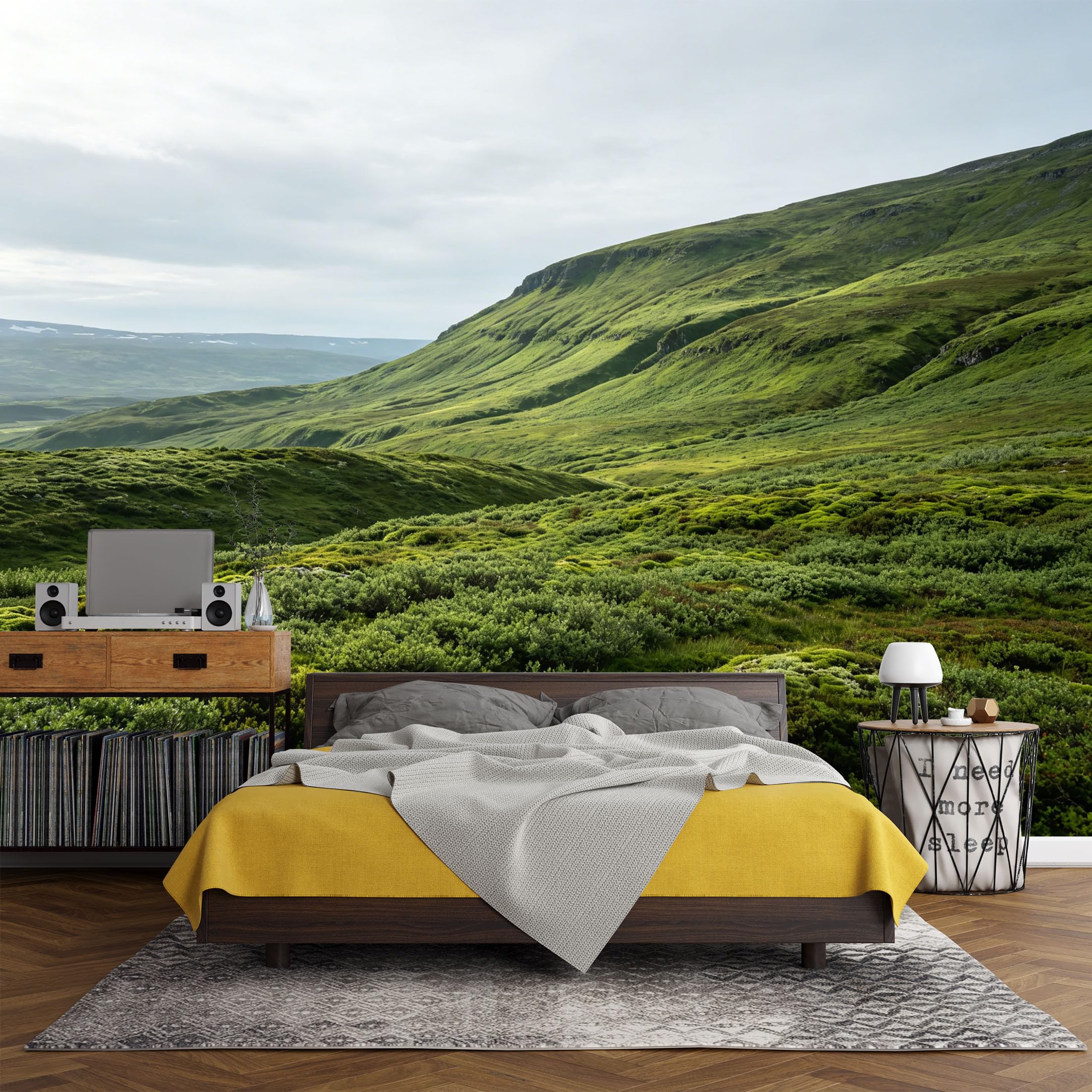 Custom Size Wall Mural， Mountain Lake Green Valley Landscape Nature Hills Scenic View，SelfAdhesive Art Prints wall Fabric(No PVC) Removable Wallpaper Living Room Decor