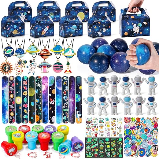 Golray 84pcs Space Party Favors Box Stress Balls Glow In Dark Tattoos Stamp Necklace Keychains Slap Bracelet Toy for Boy Kids Galaxy Birthday Party Supplies Pinata Stuffer Treat Gift Goodie Bag Filler