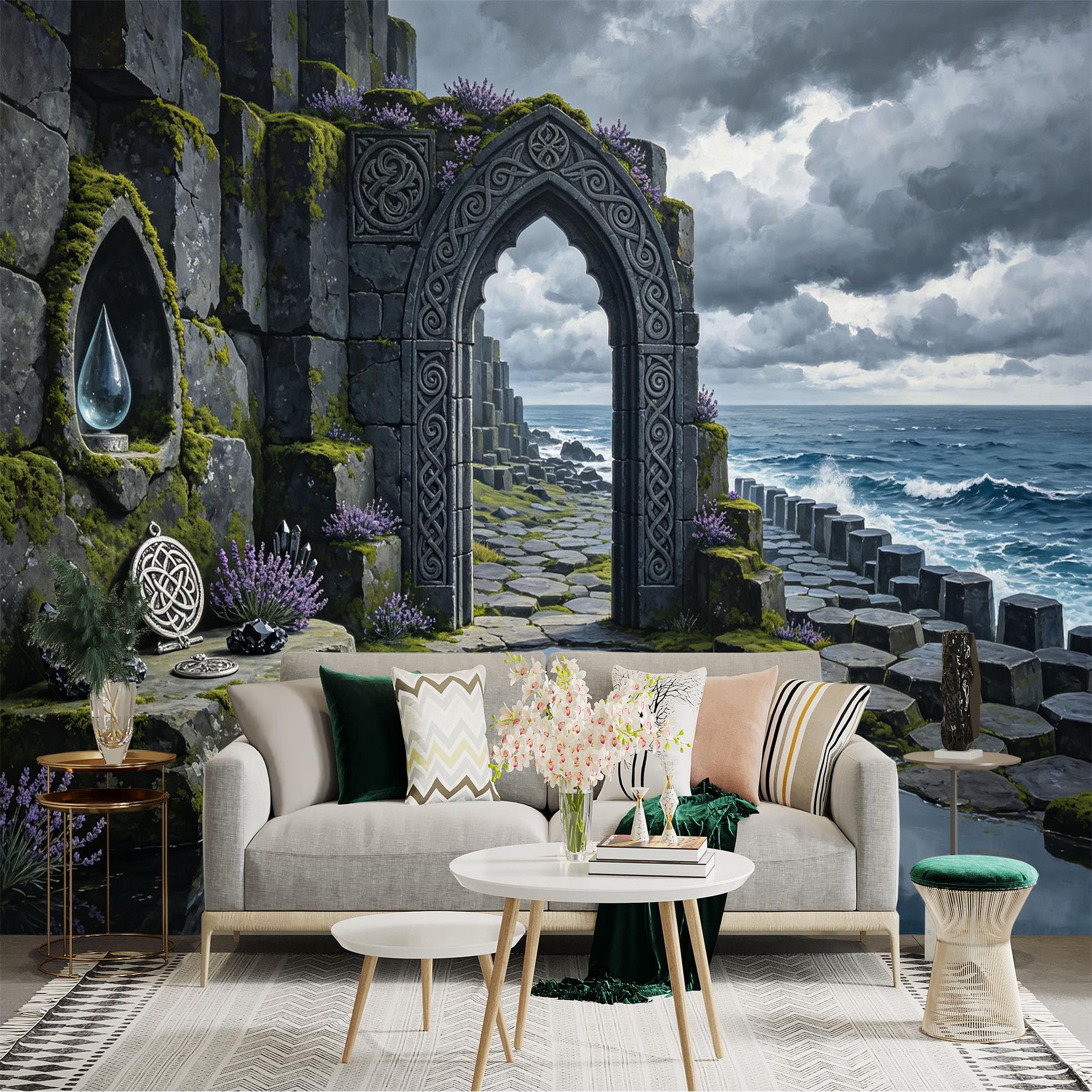 Custom Size Wall Sticker Mural， Mystical Stone Archway， Coastal Ruins and Ocean Cliffs， for wall Decoration， peelandstick wall Decals.