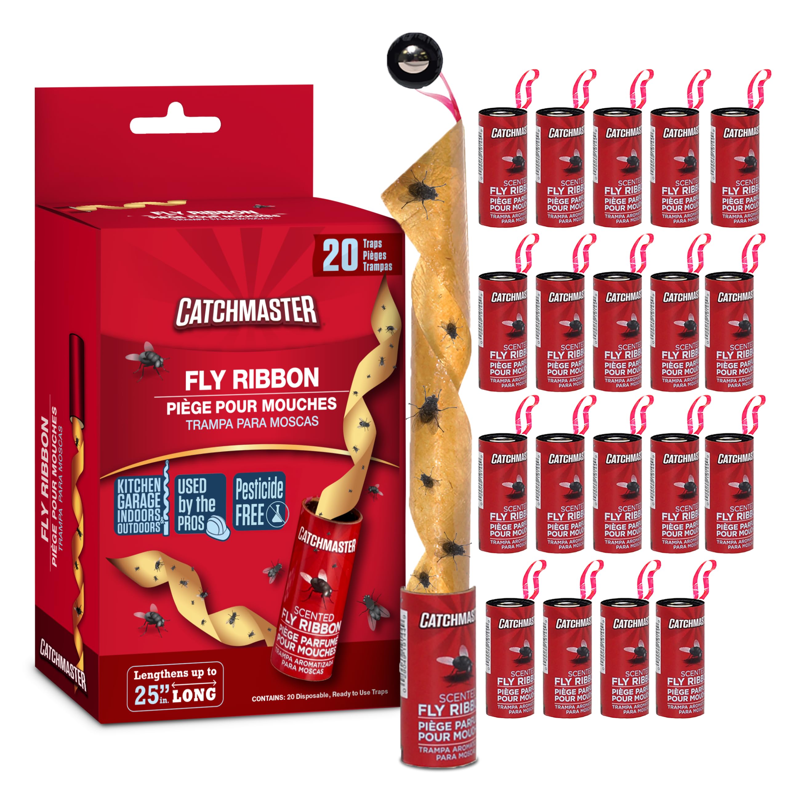 Catchmaster Fly Ribbon 20-Pack, Bug & Fruit Fly Traps Outdoor and Indoor, Premium Adhesive Sticky Strips & Gnat Hanging Strips, Bulk Scented Flying Insect Paper Rolls, Non Toxic Home Pest Control