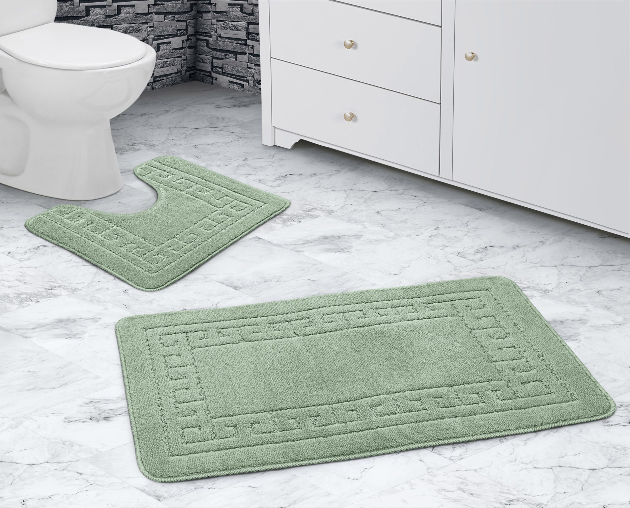 La Maison Bathroom Rug Set 2 Piece Greek Key Scroll Non Slip Bath Mat and Pedestal Mat Set Quick Dry Shower Bath Super Soft Toilet Mat Set (Sage) โ image 1