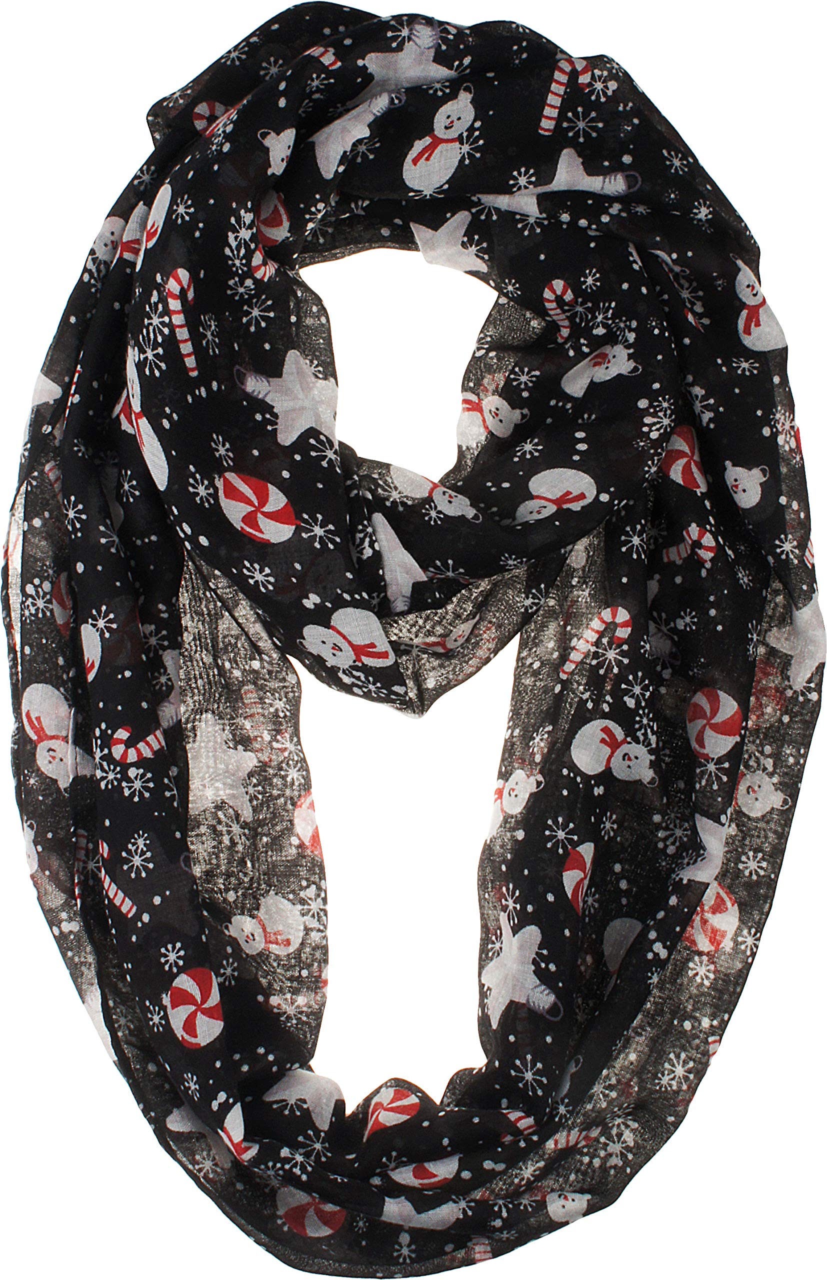 VIVIAN & VINCENT Fall Winter Soft Lightweight Sheer Infinity Christmas Scarf for Women Holiday Decorations for Girls Black Snowman and Candy Cane