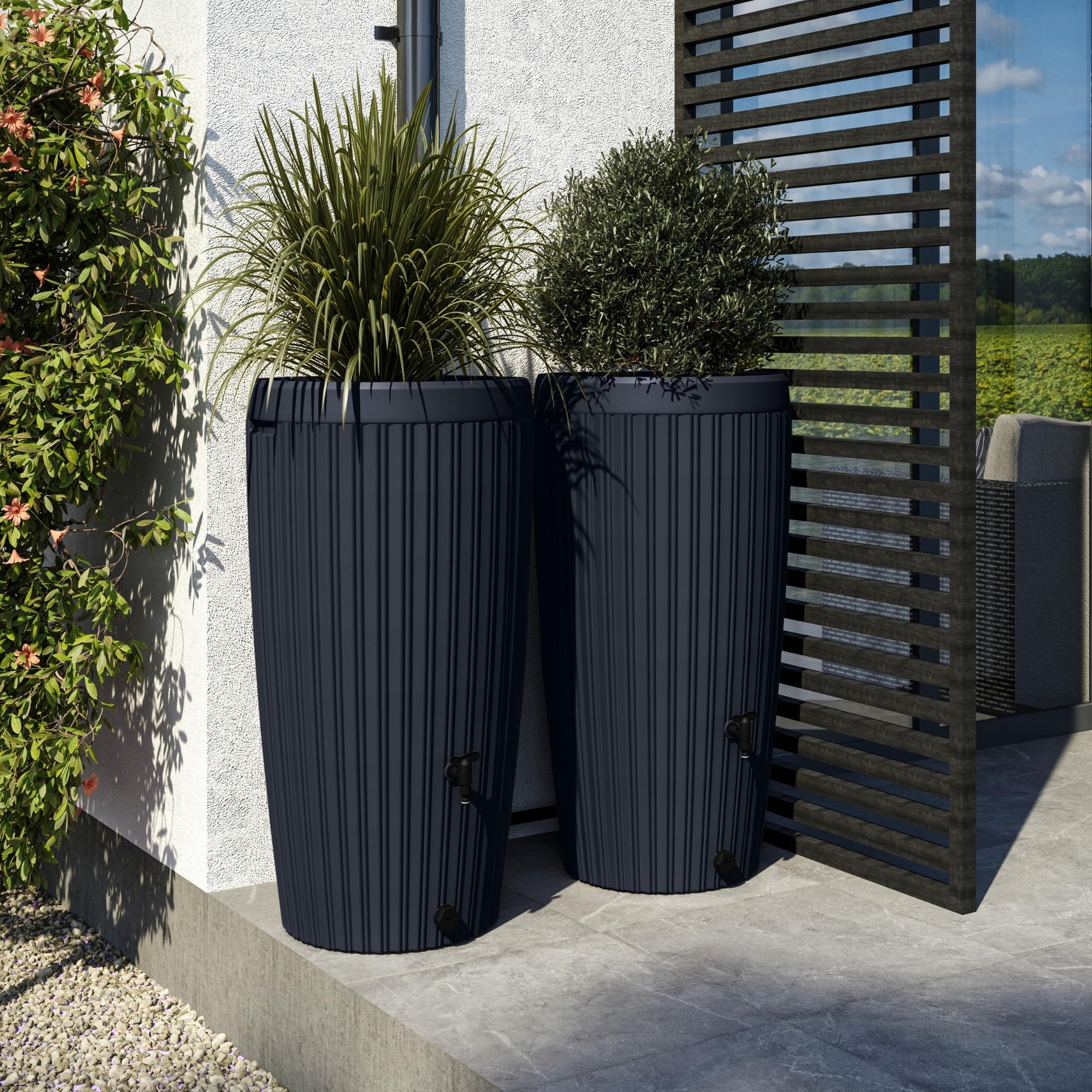YourCasa Regentonne 240 Liter [RainCatcher] Messing Wasserhahn & Deckel - Regenfass Frostsicher aus Kunststoff - Regenwassertonne - Regenwassertank Garten Wassertank Regensammler Wasserfass (Graphite)