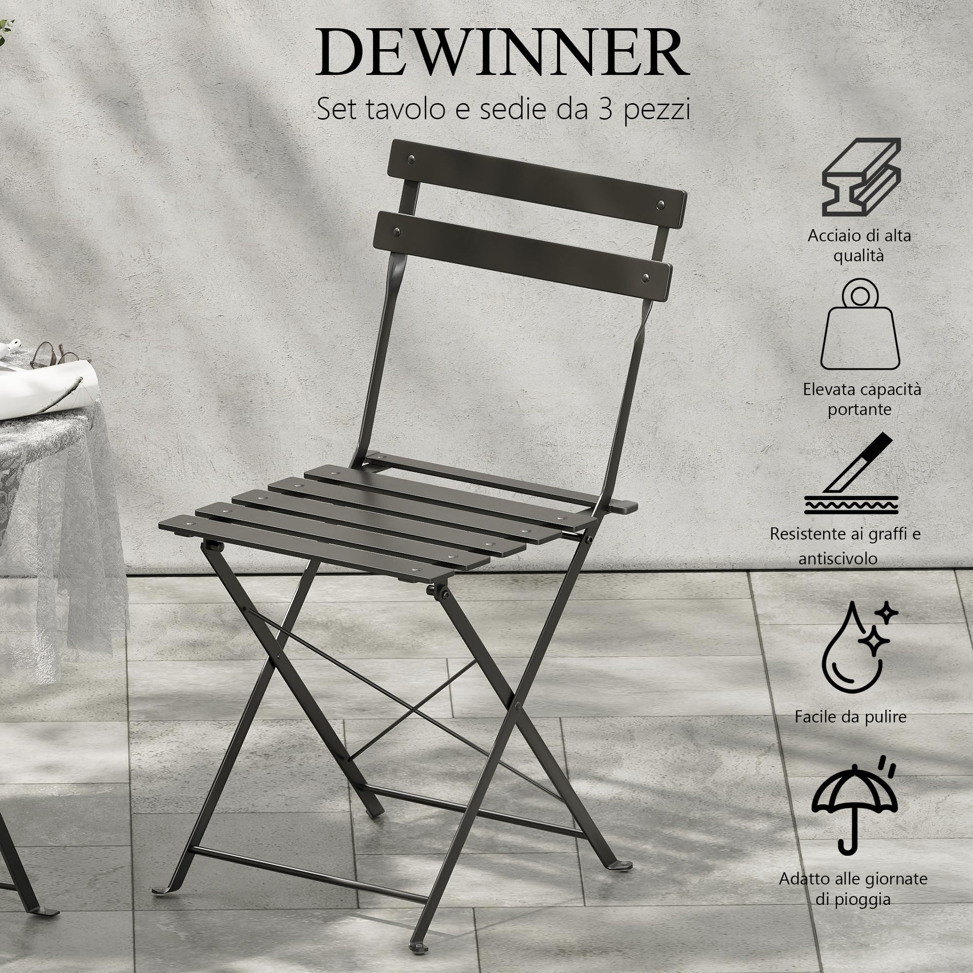 DEWINNER Set tavolo e sedie, pieghevole, set tavolo e sedie da giardino in tre pezzi, 1 tavolo e 2 sedie, con tovaglia impermeabile, set di mobili da balcone