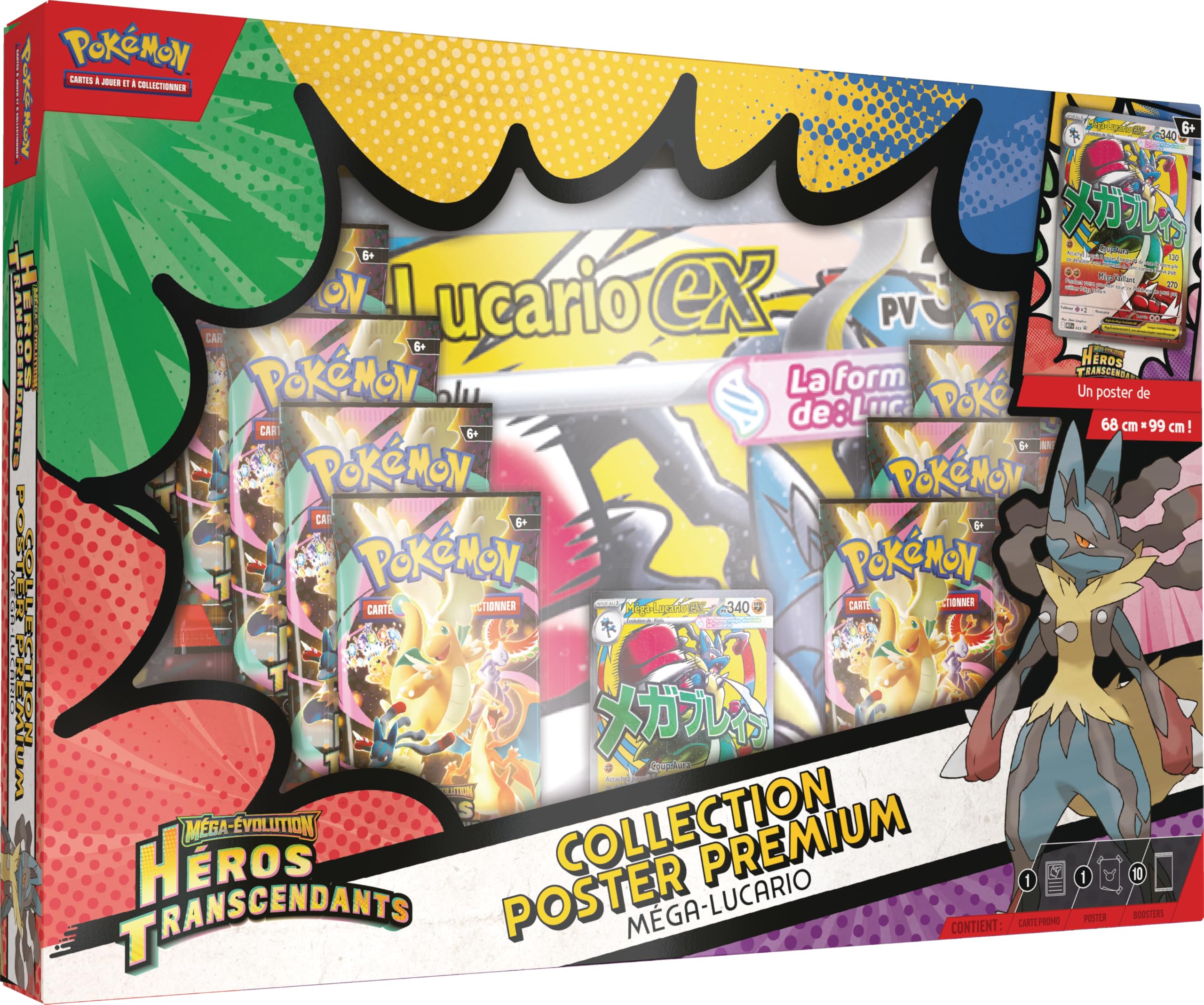 Pokémon : Collection Poster Premium Méga-Évolution – Héros Transcendants – Méga-Lucario (1 Carte Promo Brillante, 1 Poster Double Face et 10 boosters)