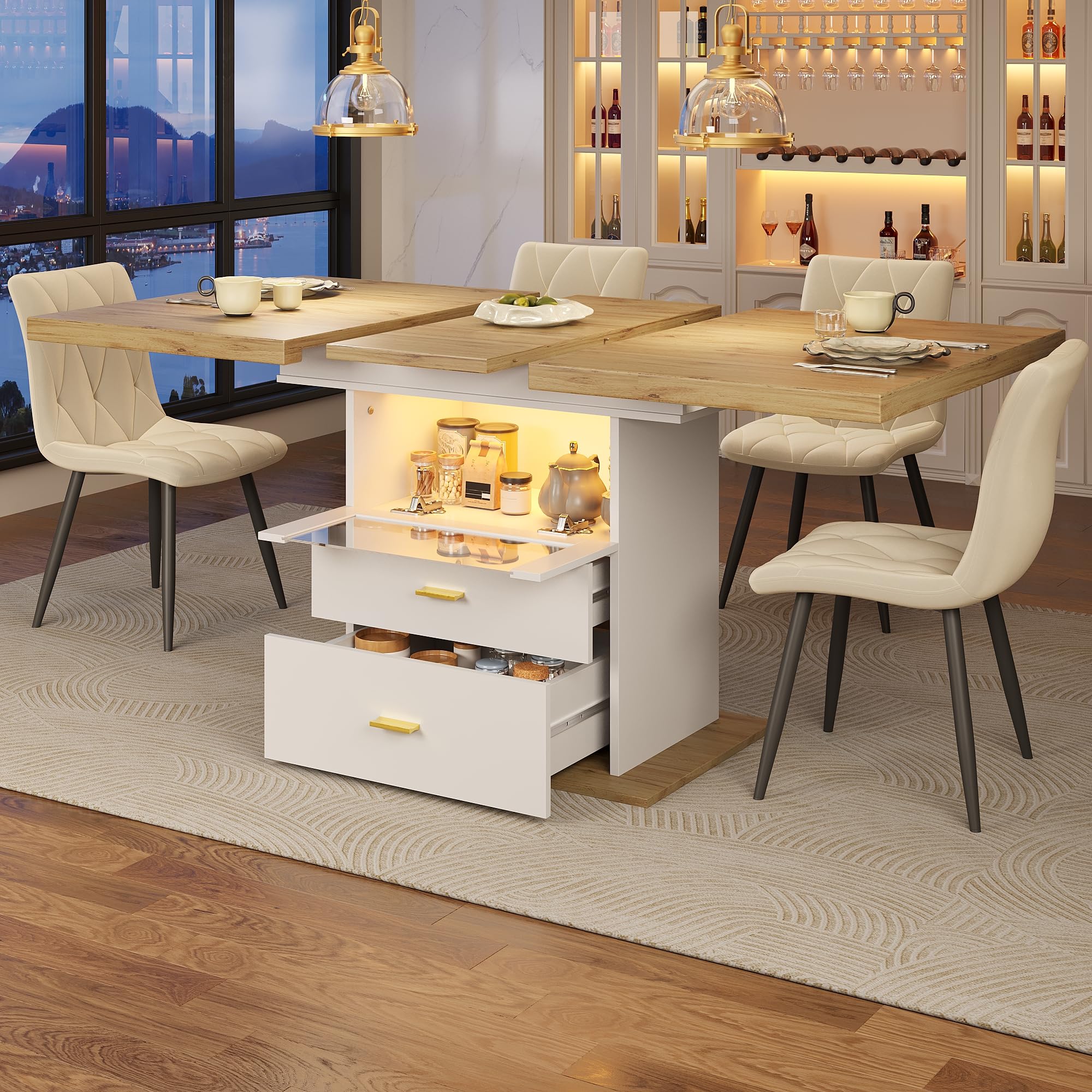 Gxffipw Esstisch Ausziehbar Küchentisch mit Schubladen und LED Licht für 4-6 Personen, Esszimmertische mit Stauraum, Esszimmertisch Ausziehbar Esszimmermöbel, Holzfarbe+Weiß, 110-140x80x75 cm Küche, Haushalt & Wohnen