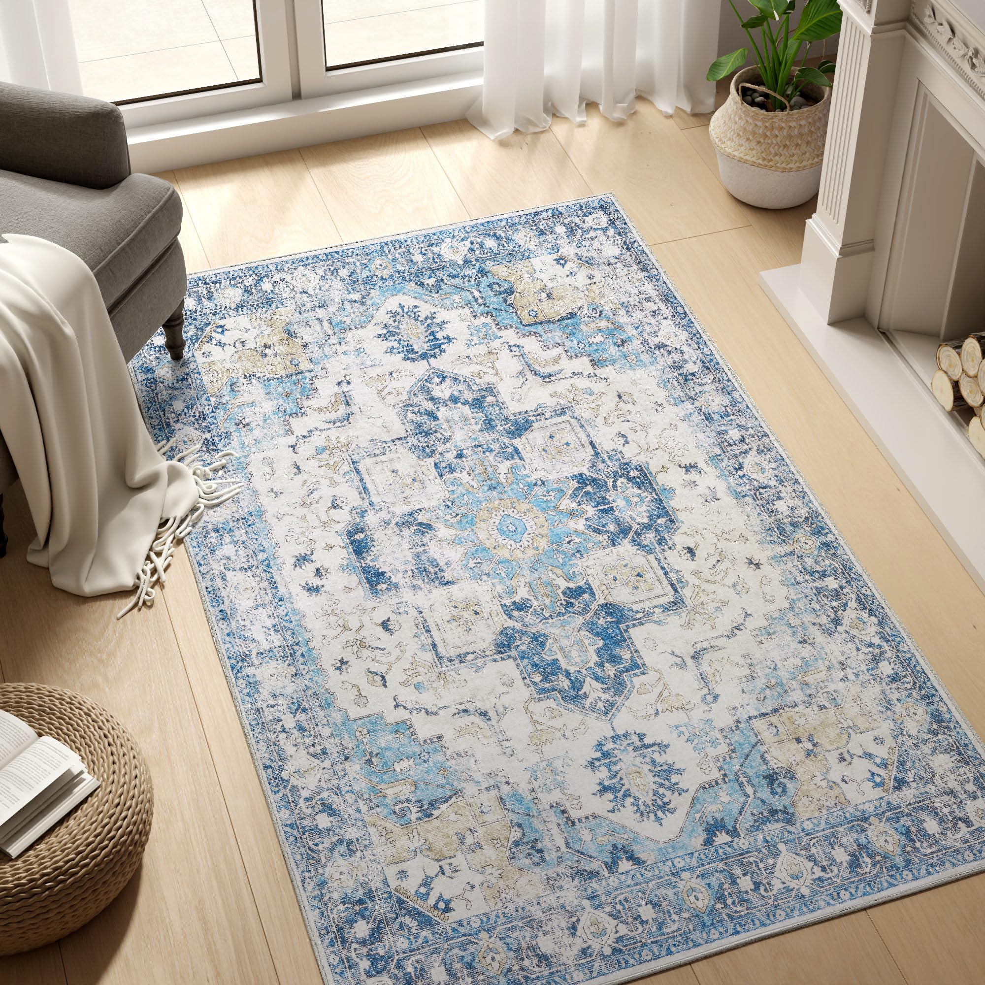 TOPICK Rug 90x150cm Entrance Door mat Vintage Blue Washable Soft Rug Non Slip Lightweight Carept for Living Room Bedroom Bathroom