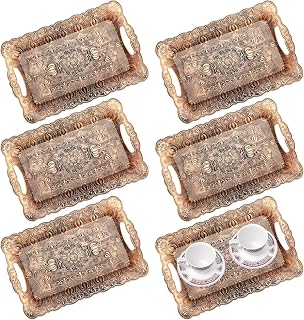 LemonRoad 6 Packs Plastic Old Gold Serving Trays with Handles 17 x 11 inch Retro Vintage Embossing Rectangle Reusable Party Snack Decorative Serving Trays for Tea Coffee Fruit Dessert