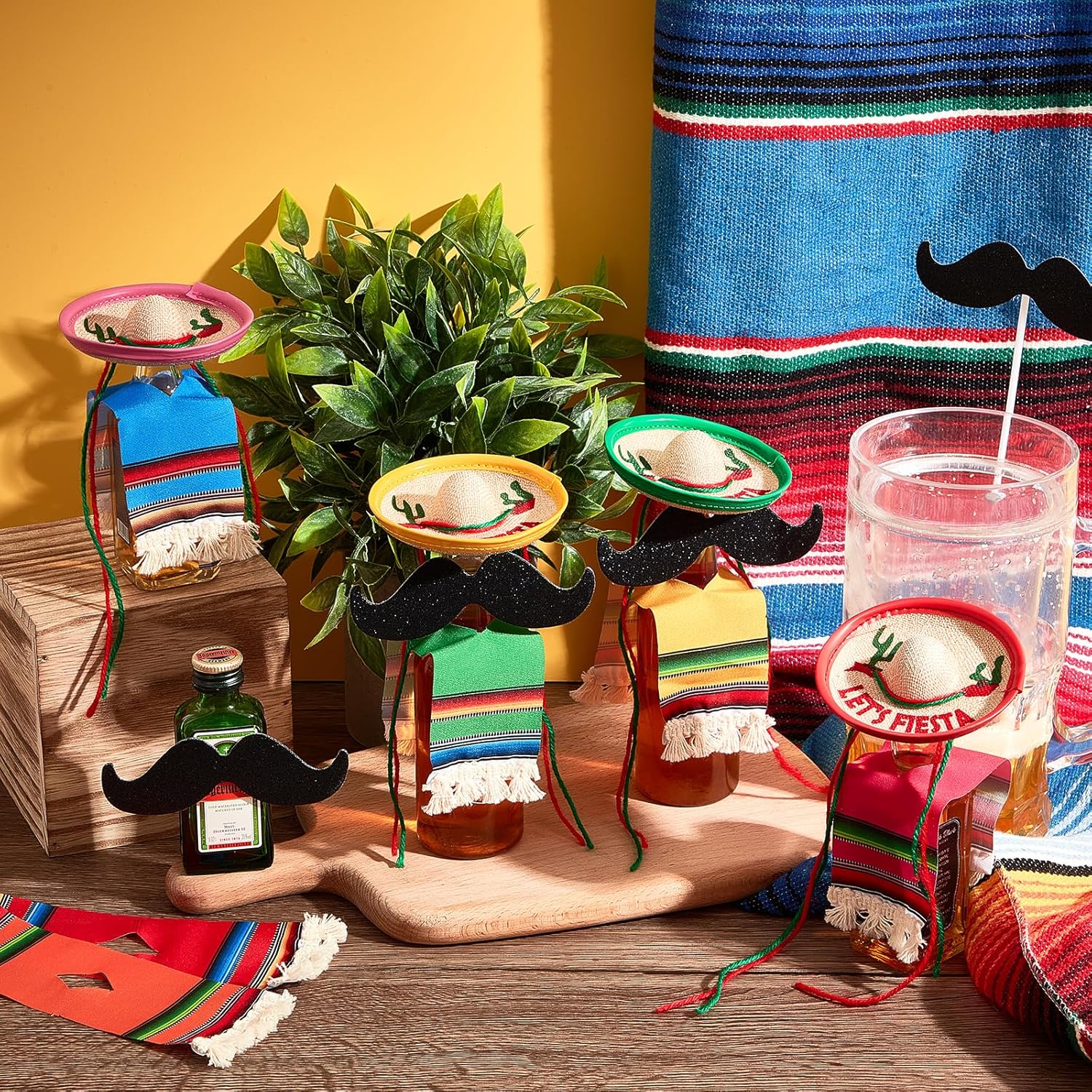 Cozypower 36 Sets Mini Sombrero Hats for Bottles Mexican Serapes Poncho and Fake Beard Fiesta Hats Bottles Topper Colorful Poncho Cover for Cinco de Mayo Party Decoration