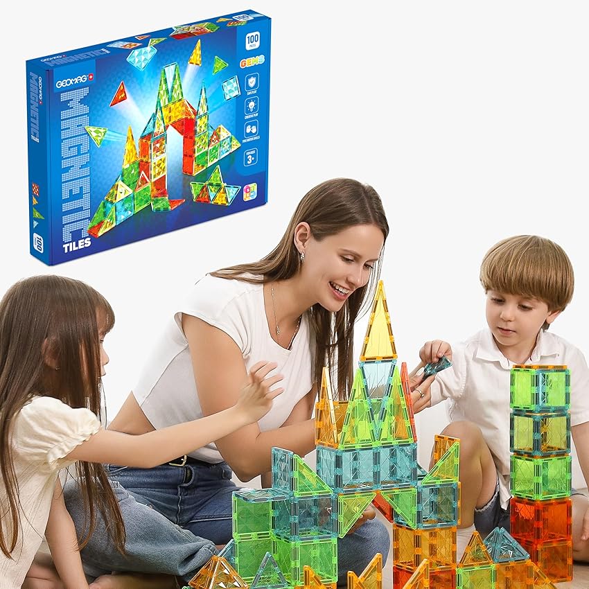 Geomag Magnetic Tiles Gems 100 - Costruzioni Magnetiche 100 Pezzi 3D Tessere Pannelli - Educativo Blocchi Magneti Set Giocattoli per Bambini Creatività Montessori per 3+ Anni