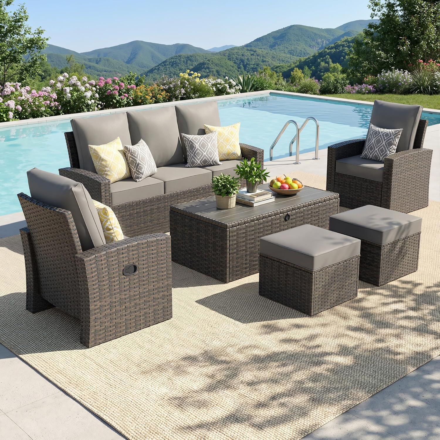 Outdoor Patio Furniture Set-6 All-Weather Wicker Outdoor Furniture with Patio Recliner Chairs Adjustable Back Outdoor Patio Conversation Sets for Garden Porch Deck Grey