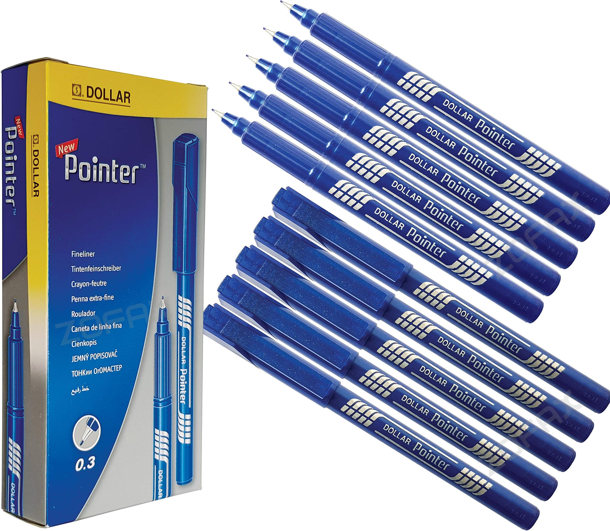 DOLLAR Pointer Fine Line Fineliner Pens Writing Pack Write Sketch Draft Draw (10 x 0.3mm Felt Tip BLUE Pens + 3 x ZOFAX Gelo Gel Black Pens)