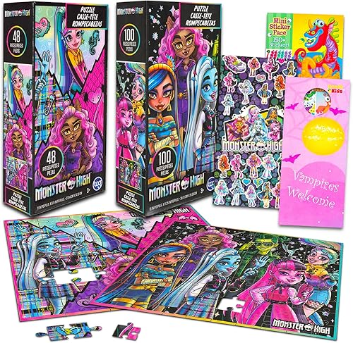 Monster High - Juego de rompecabezas para niñas, paquete con 2 rompecabezas de Monster High y calcomanías, más  48 unidades, 100 rompecabezas
