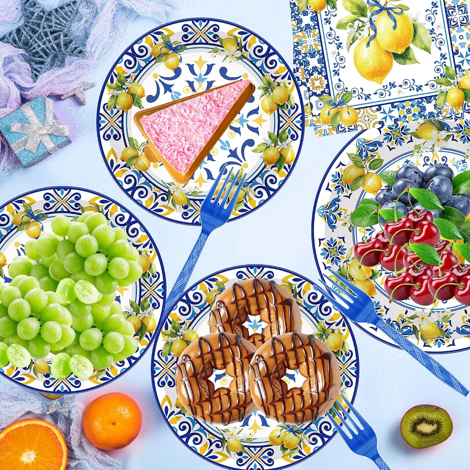 96 Pcs Cappri Lemon Party Decorations, Mediterranean Disposable Dinnerware Set, Sicilian Lemon Plates, Napkins & Forks for 24 Guests, Summer Wedding/Bridal Shower Table Decor