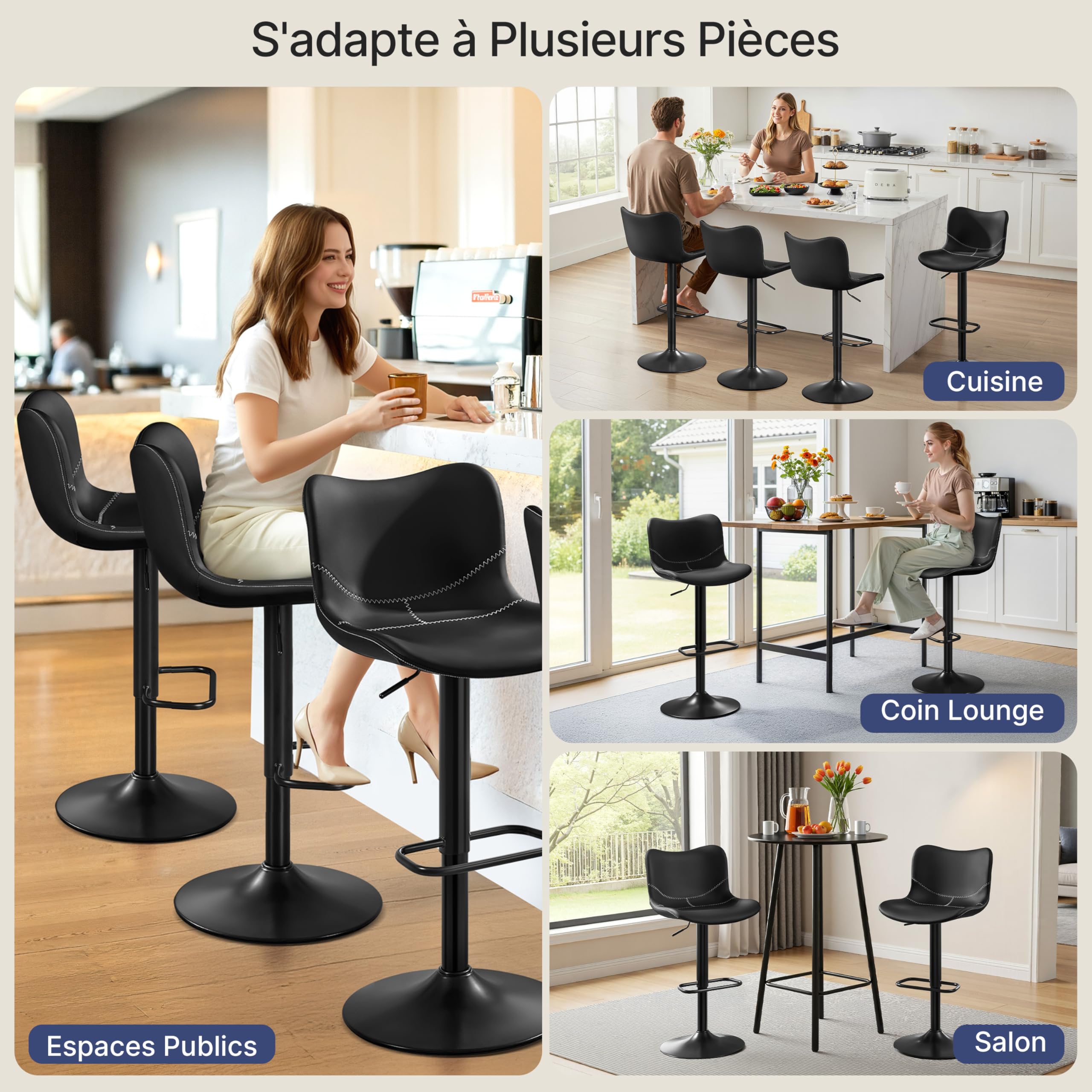 Yaheetech Tabourets de Bar Lot de 2 Réglable Hauteur - Noir | Hauteur Réglable 89-111cm avec Dossier | Charge Max 136kg, Base Métal Stable | Similicuir Hydrofuge | Cuisine, Bar, Salon