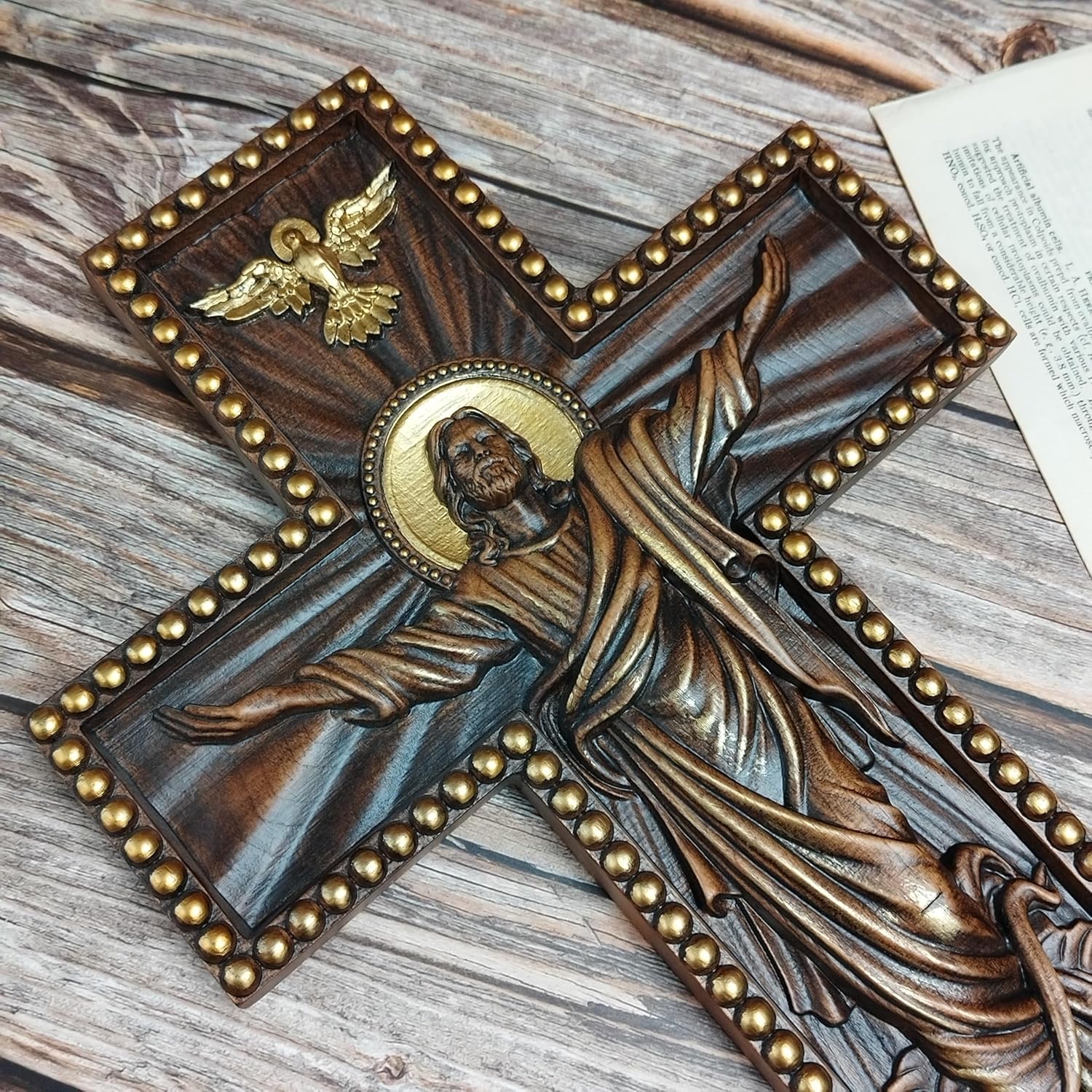 QIADGE Exquisitely Carved Ascension of Jesus Cross, Vintage Religious Wooden Statue, Wall Hanging or Tabletop Home Decor (13.7 * 10.7 in)