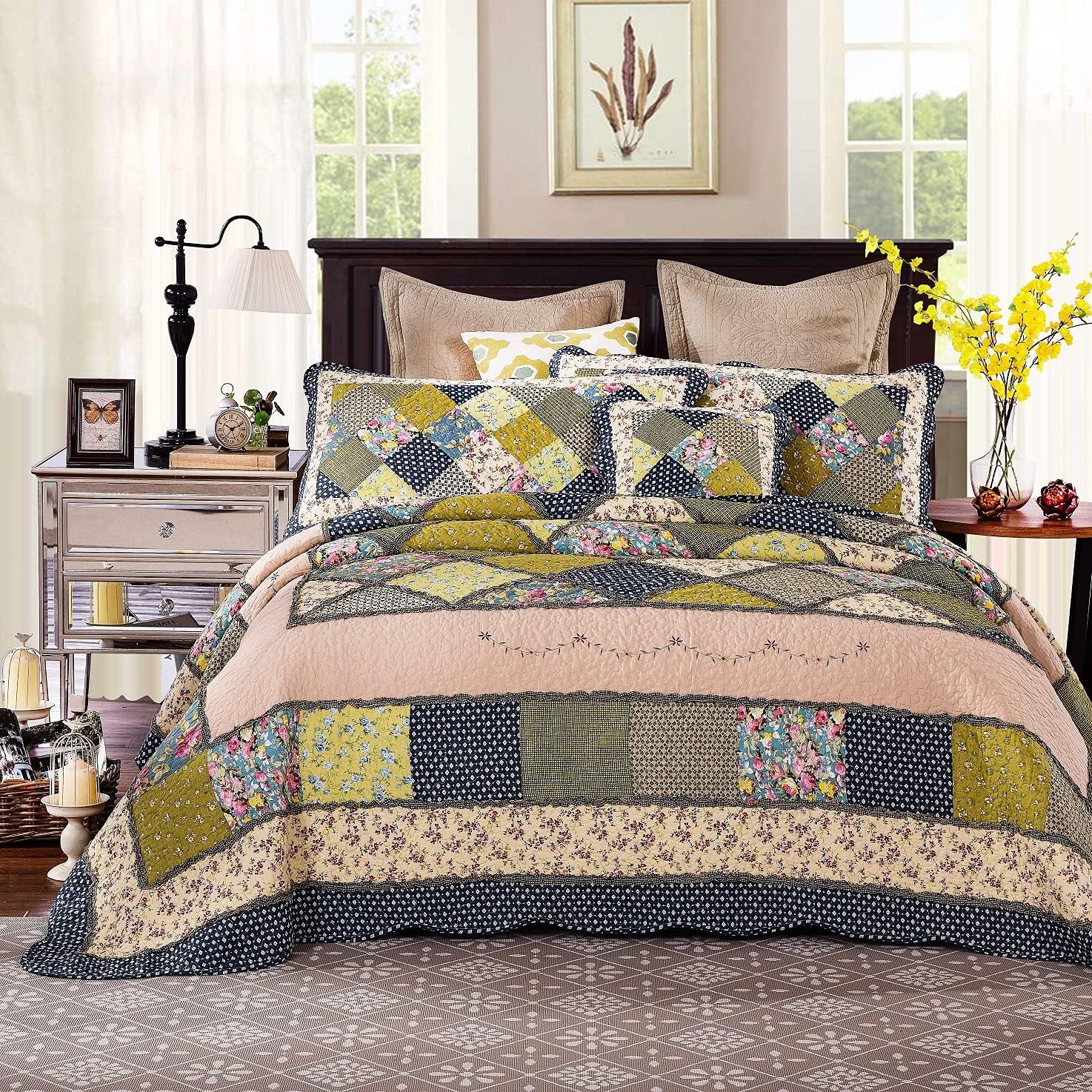 Tache Green Quilt Twin Cotton Patchwork Farmhouse Vintage Antique Ditsy Floral Beige Olive Green Navy Blue Scalloped Lightweight Coverlet Spring Shower Quilt Set, Twin