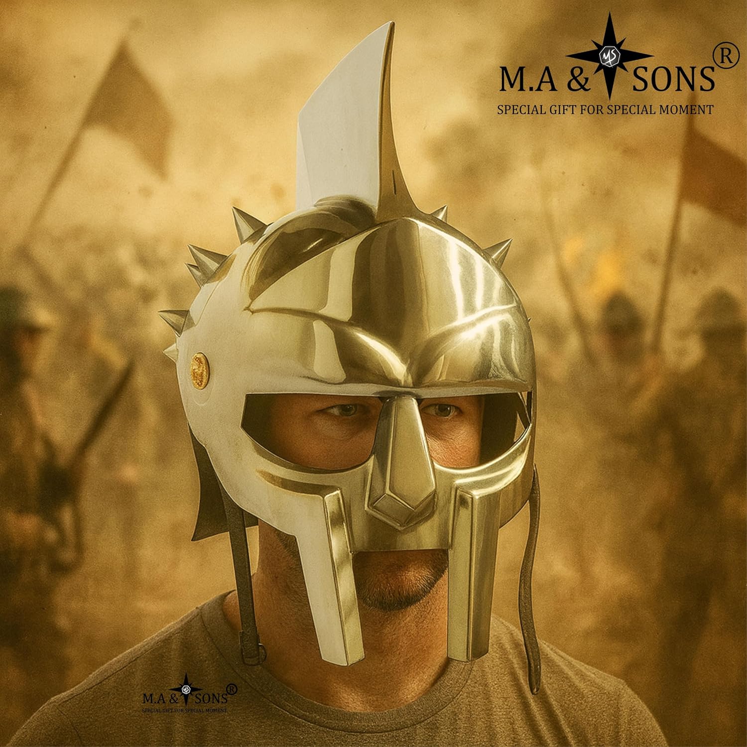 M.A & SONS Handcrafted Gladiator Helmet with Display Stand – Mirror-Polished Decorative Armor Replica (Spiked Crest) | Steel with Adjustable Chin Straps | Home Décor Showpiece (Not Protective) image 2