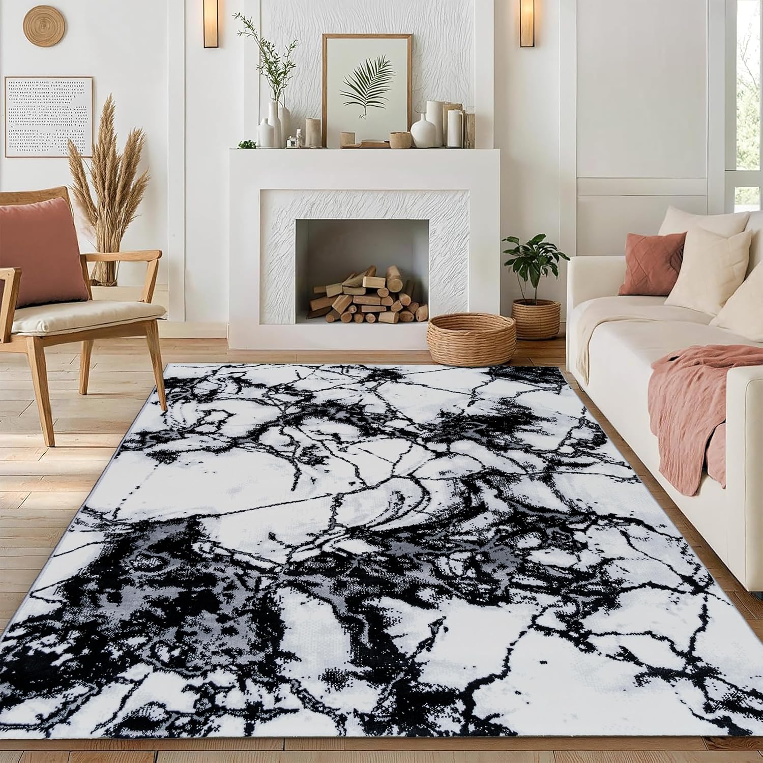 5x7 Area Rugs for Living Room Carpet - Modern Abstract for Dining Room, Office - Non-Shedding Medium Pile for High Traffic Area - Steam Cleaner Washable Rug - Jute Backing - Black Marble Black Marble 5' x 7' (Rectangular)