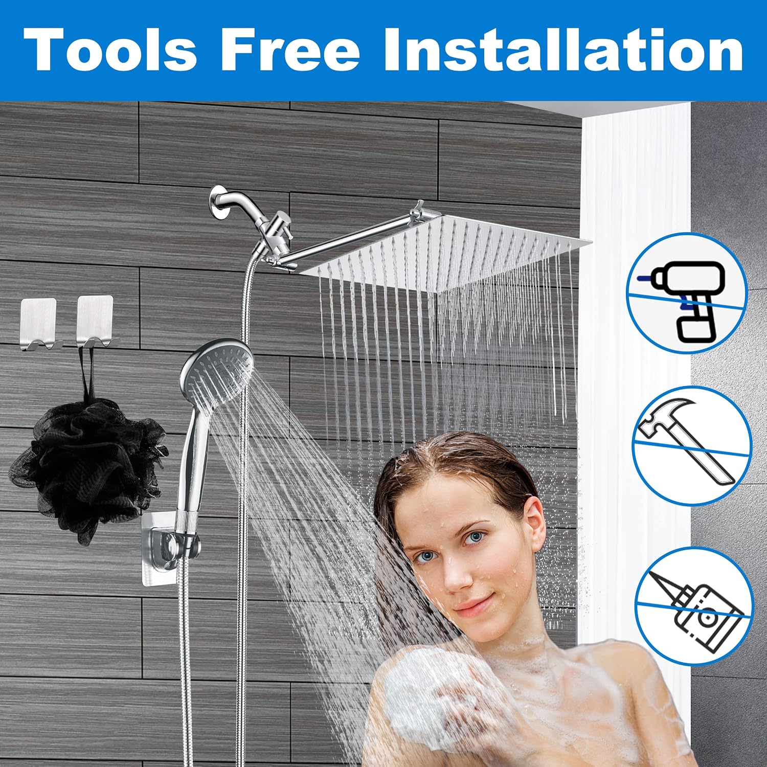 High Pressure Rainfall Shower Heads with Handheld Spray Combo,12"Square Waterfall Shower Head & 5Settings Chrome Showerhead Spray with Holder,13"Adjustable Extension Arm, 59"Stainless Steel Hose