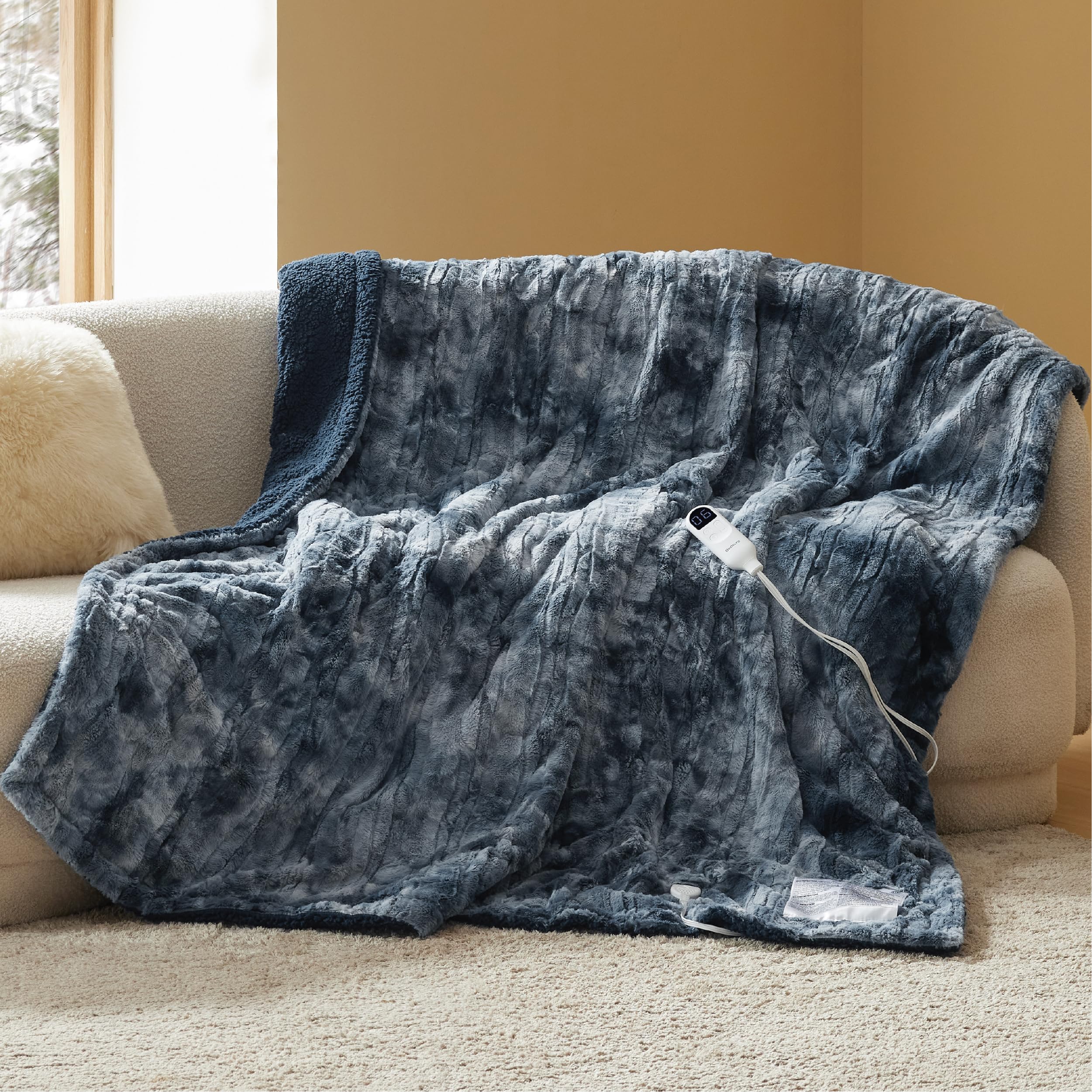 Bedsure Electric Blanket Twin - Faux Fur Sherpa Heated Blanket Twin Size, Fast Heating with 6 Heating Levels &amp; 10 Time Settings, 8 Hours Auto-Off (62x84 inches, Navy)
