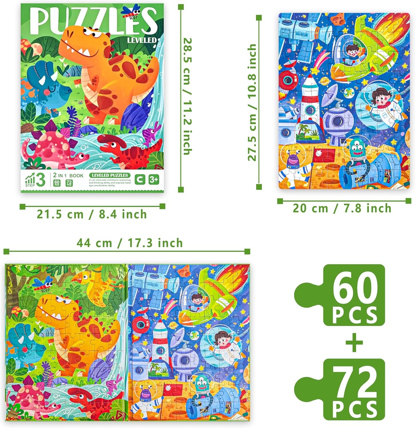 D-KINGCHY Magnetic Puzzles for Kids Ages 5+, 2-in-1 Puzzle Book 60 72 Pieces, Travel Jigsaw Puzzles, Road Trips Toys for 5 6 7 8 Boys Girls Birthday Gift (Dinosaur and Space)