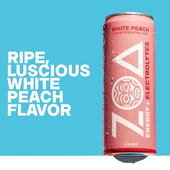ZOA Zero Sugar Energy Drink, White Peach, 12 Pack, 12 Fl Oz Cans