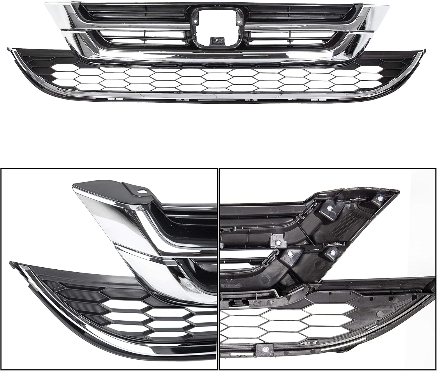 HECASA Front Bumper Upper Lower Grille Compatible with 2010 2011 Honda CR-V CRV Replacement for 71123-SWN-H11 71121-SWN-H11 Hood Mesh Radiator Grill Chrome+Painted