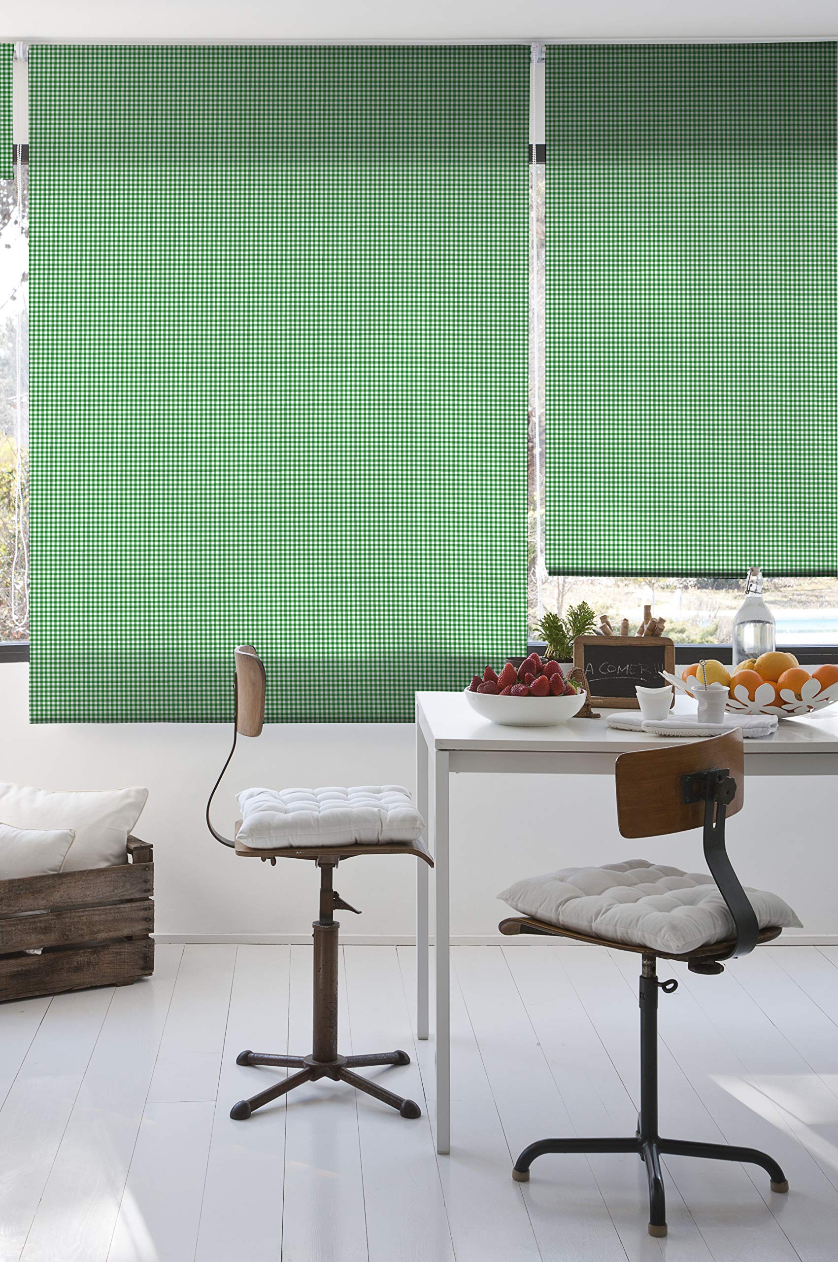 Estoralis | Cuisine | Store Enrouleur | sans Outil Tissu translucide imprimé | Vichy-1 Vert | 80 x 150 cm. (Largeur/Hauteur) Taille du Tissu 77 x 150 cm. | Stores pour fenêtres et Portes